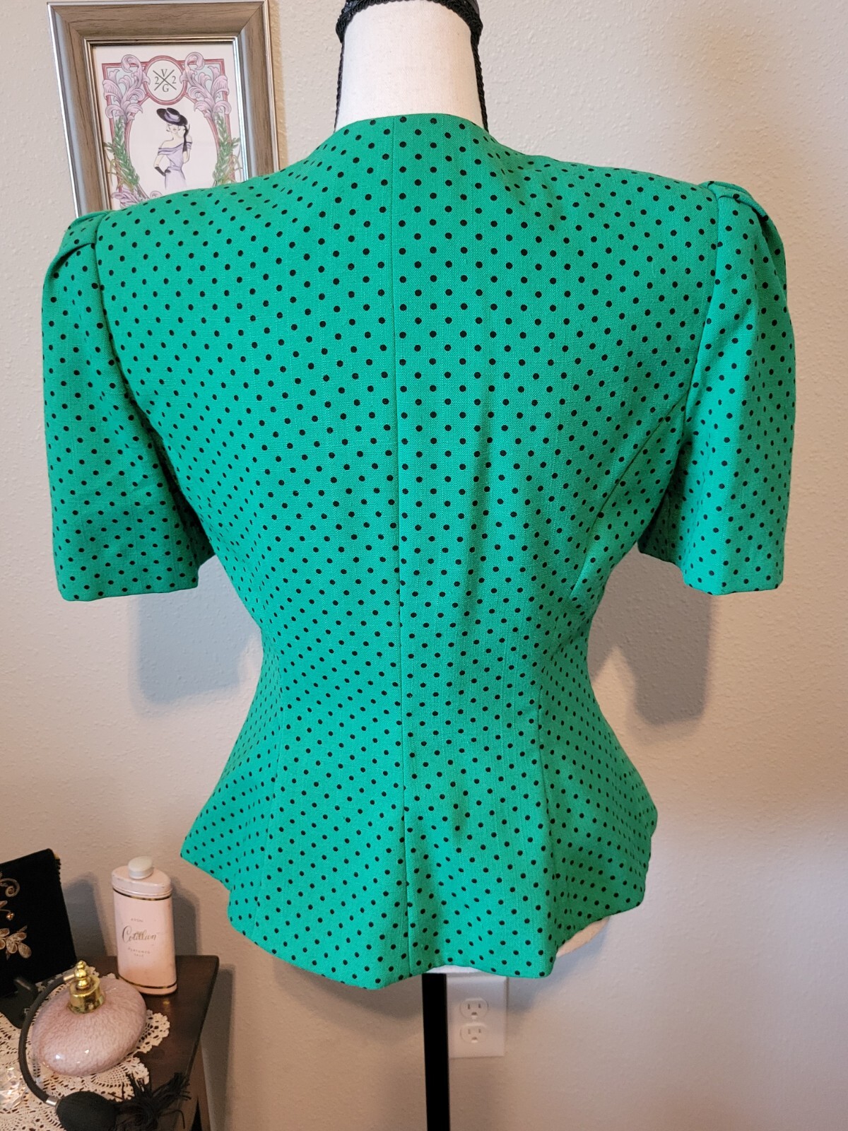 50s Style Jacket Green w/ Black Dots, Shortsleeve Button By Kasper for ASL Sz 4P