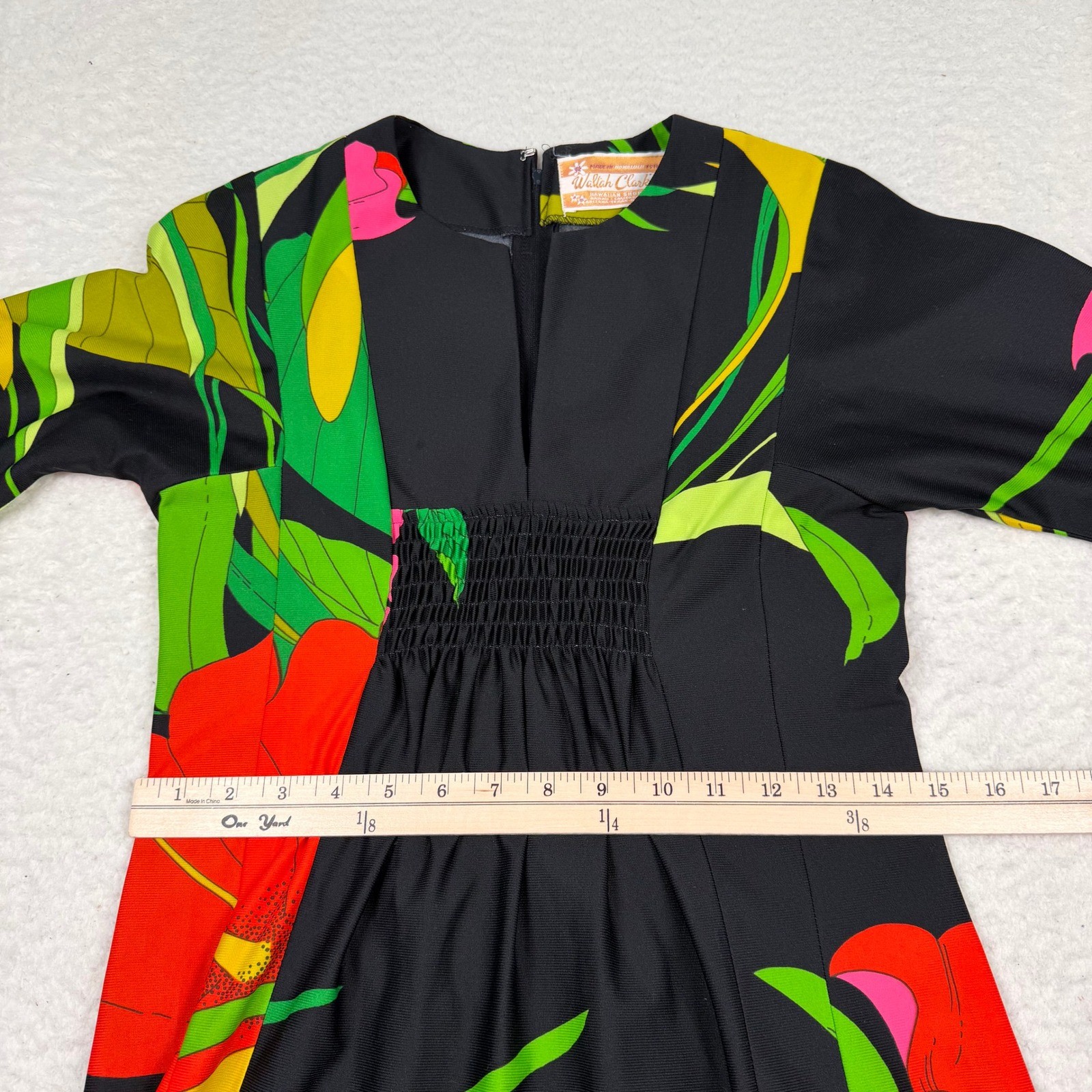 Waltah Clarke’s Maxi Dress Black Floral Vintage Hawaiian Empire Waist 60s
