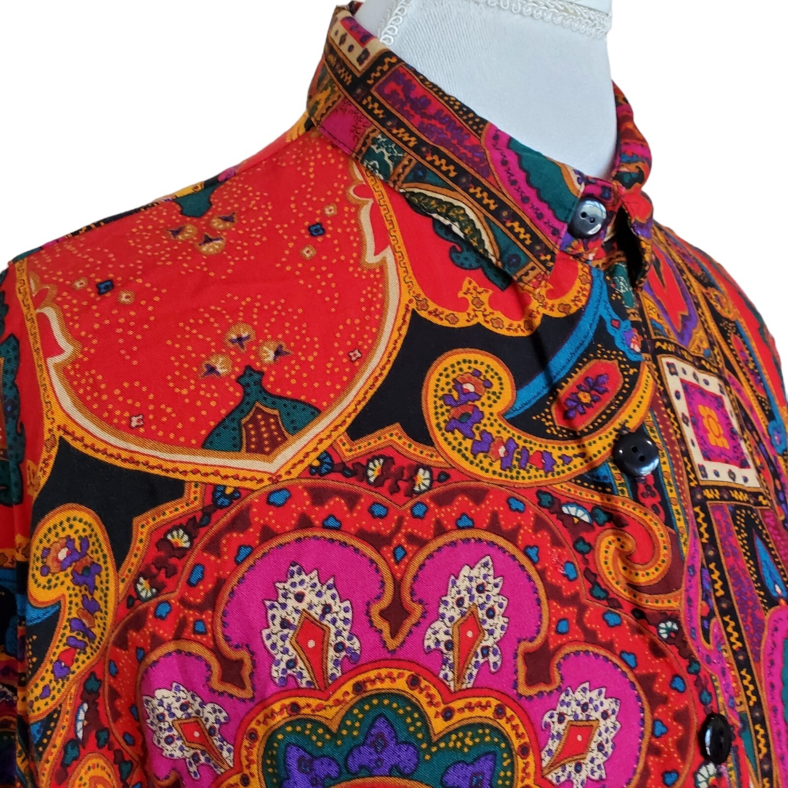 Vtg 80s 90s Colorful Abstract Paisley Blouse M/L Rayon Boho Button Up Red