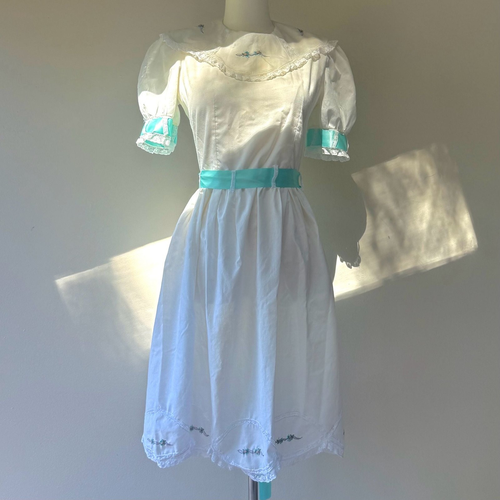 Vintage White Cotton Tea Dress with Aqua Ribbon Sash & Floral Embroidery
