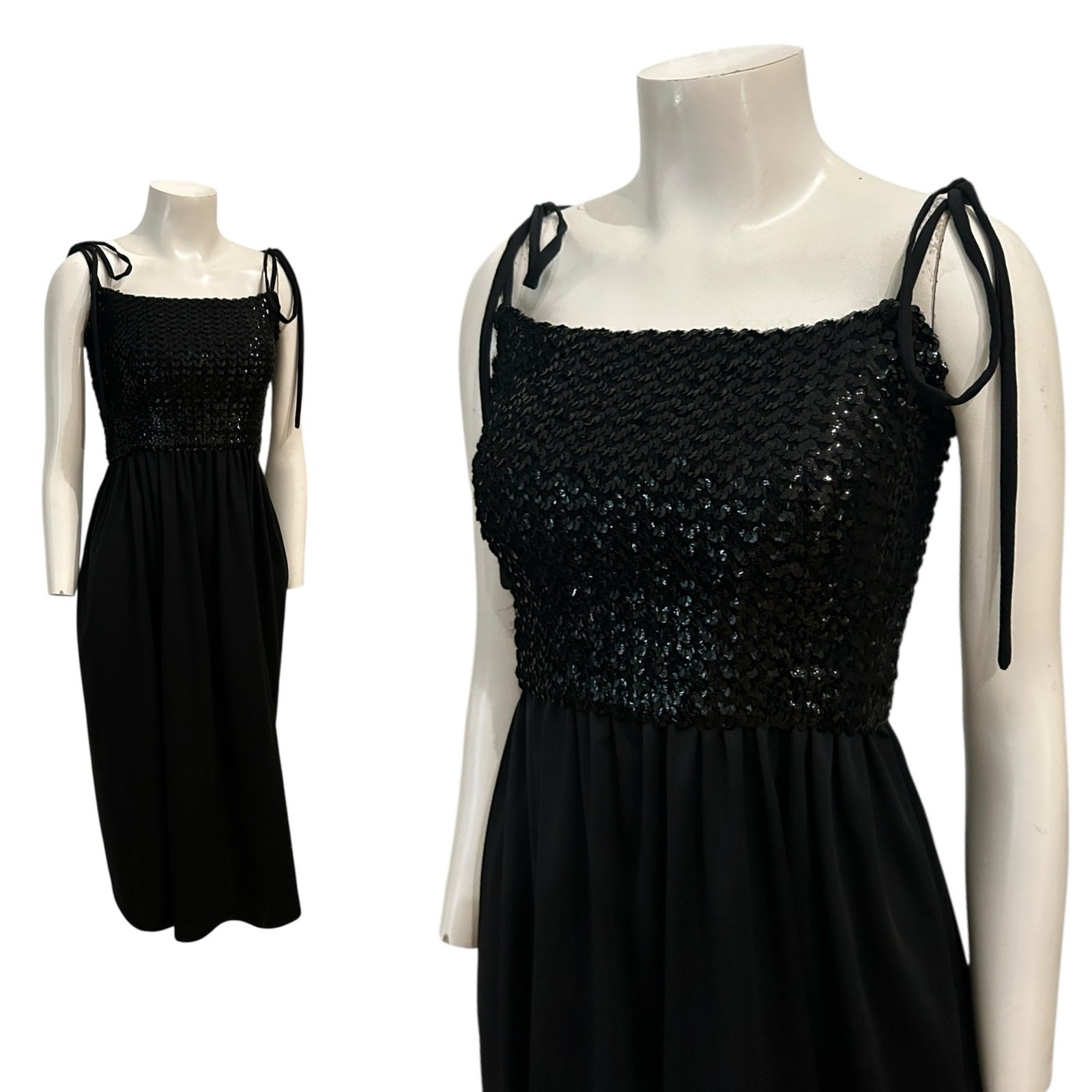Vintage 1970s Black Strappy Sequin Disco Maxi Dress / Women’s S/M ^