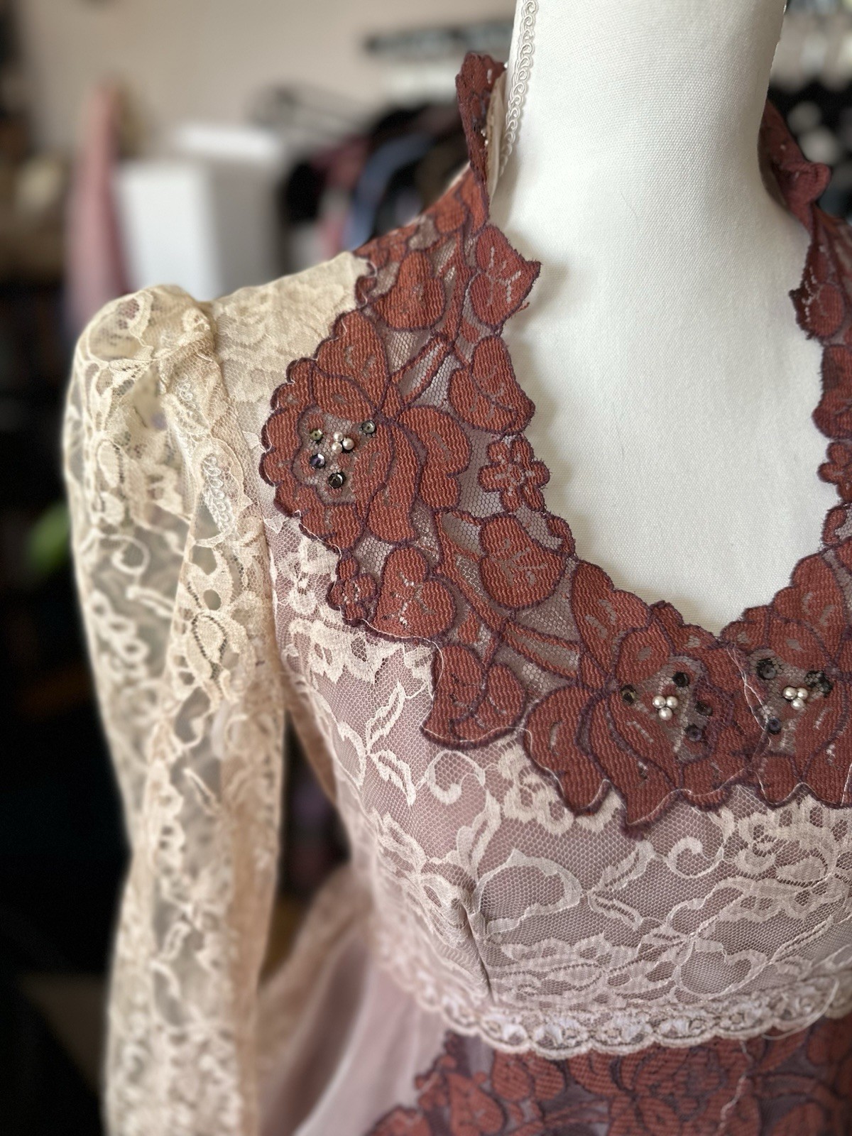 Vintage Union Tag Lace Gown With Beaded Details And Bustled Train