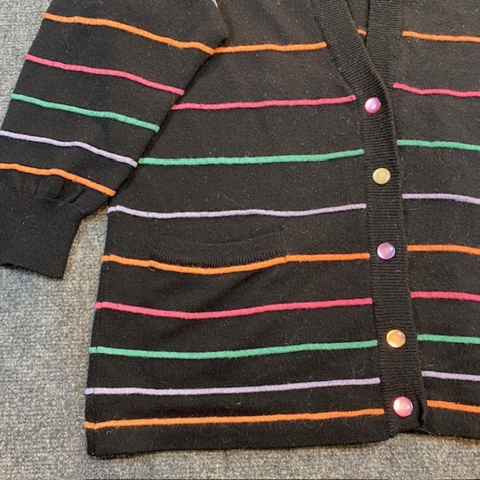 Vintage 80s Sweater Bee Banff Rainbow Stripe Black Cardigan Sweater Women Medium