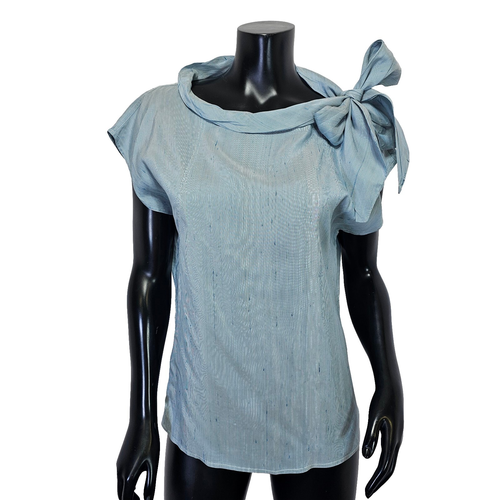Vintage 70s Touche Italy 38 Blue Silk Blouse Pinstriped Pussycat Bow O Collar