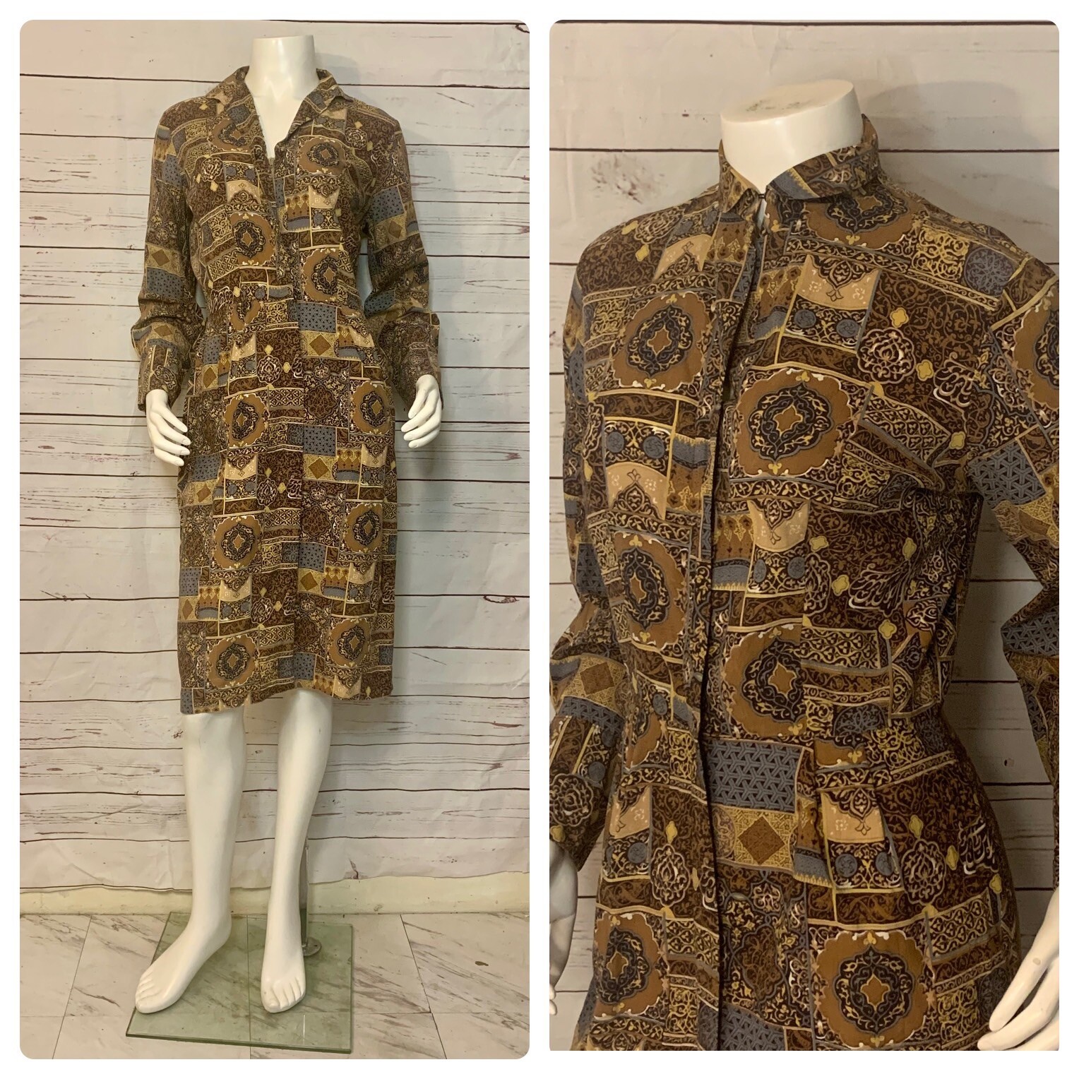 Vintage 50s Kerrybrooke Wiggle Dress Pencil Brown Printed Long Sleeve Cotton S