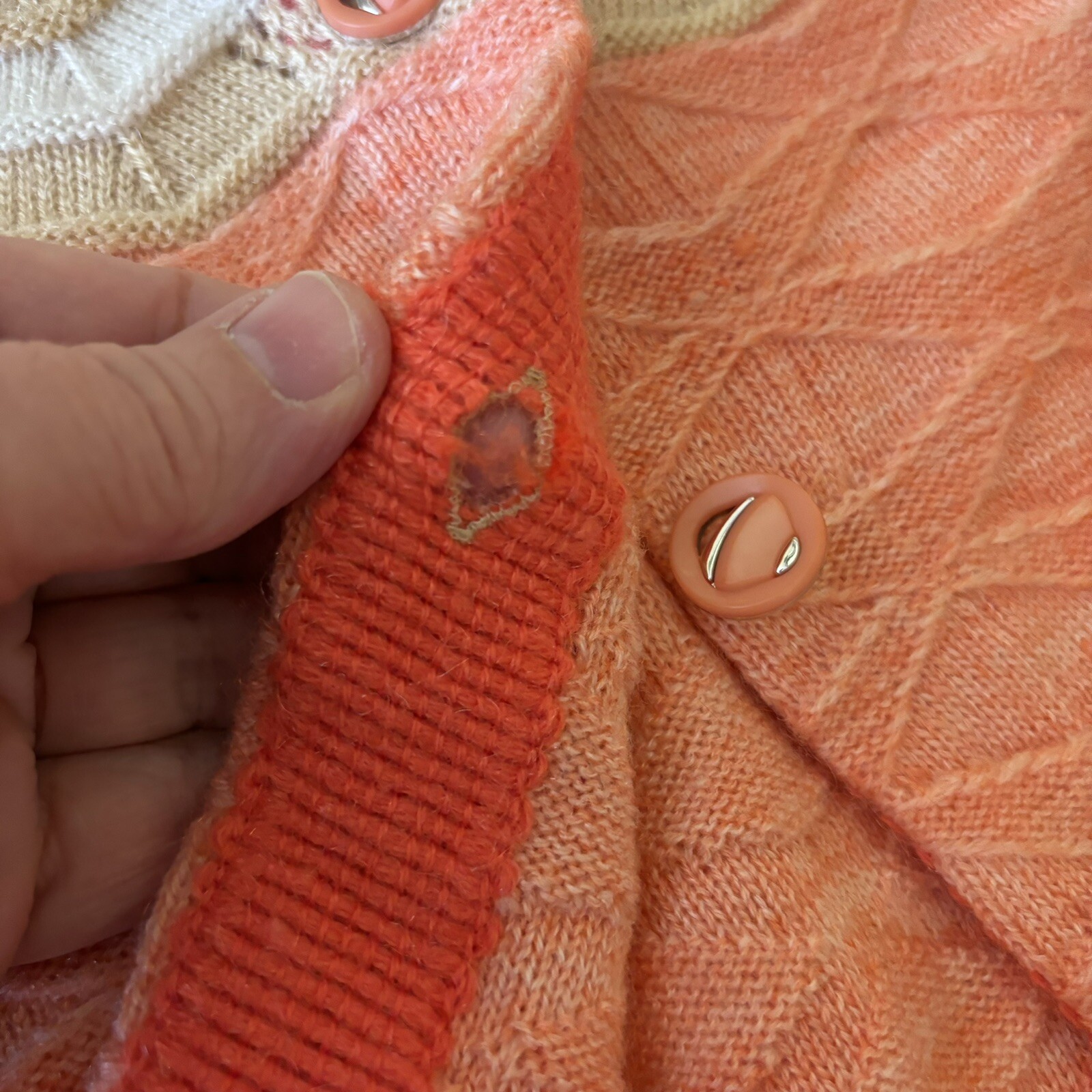 Vintage 70s Size Small Crochet Knit Button Down Tunic Length Cardigan Peach Tan