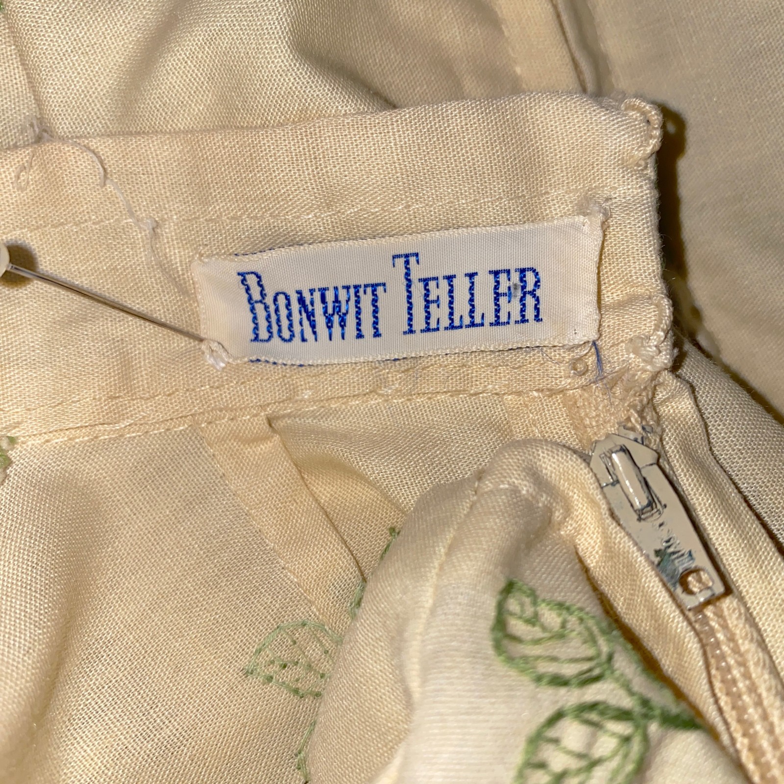 Bonwit Teller Vintage Skirt Set Medium Beige Green Eyelet Lace Leaves Pom Poms