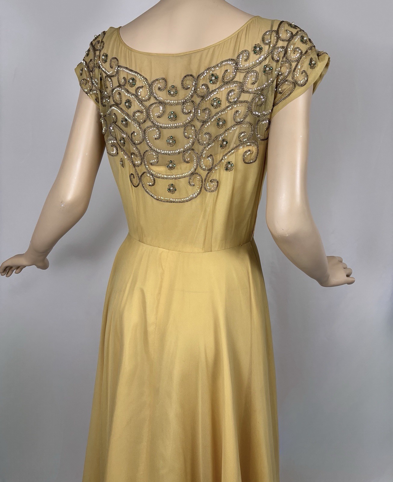 Vintage 40s Goldenrod Silk Chiffon Evening Gown Rhinestones, Sequins, Gold Cord