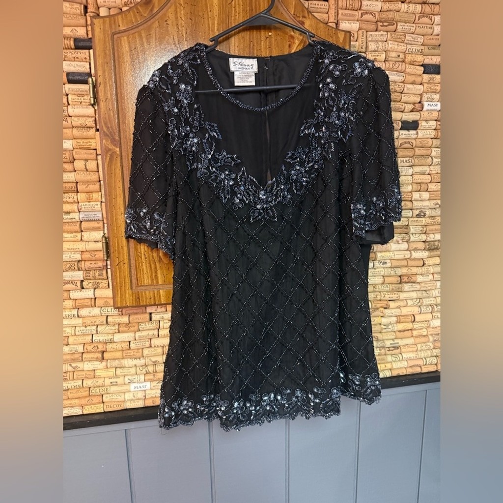 VTG 90’s Stenay Woman Black 100% silk Beaded Sequin Floral Top Whimsy 2X Evening