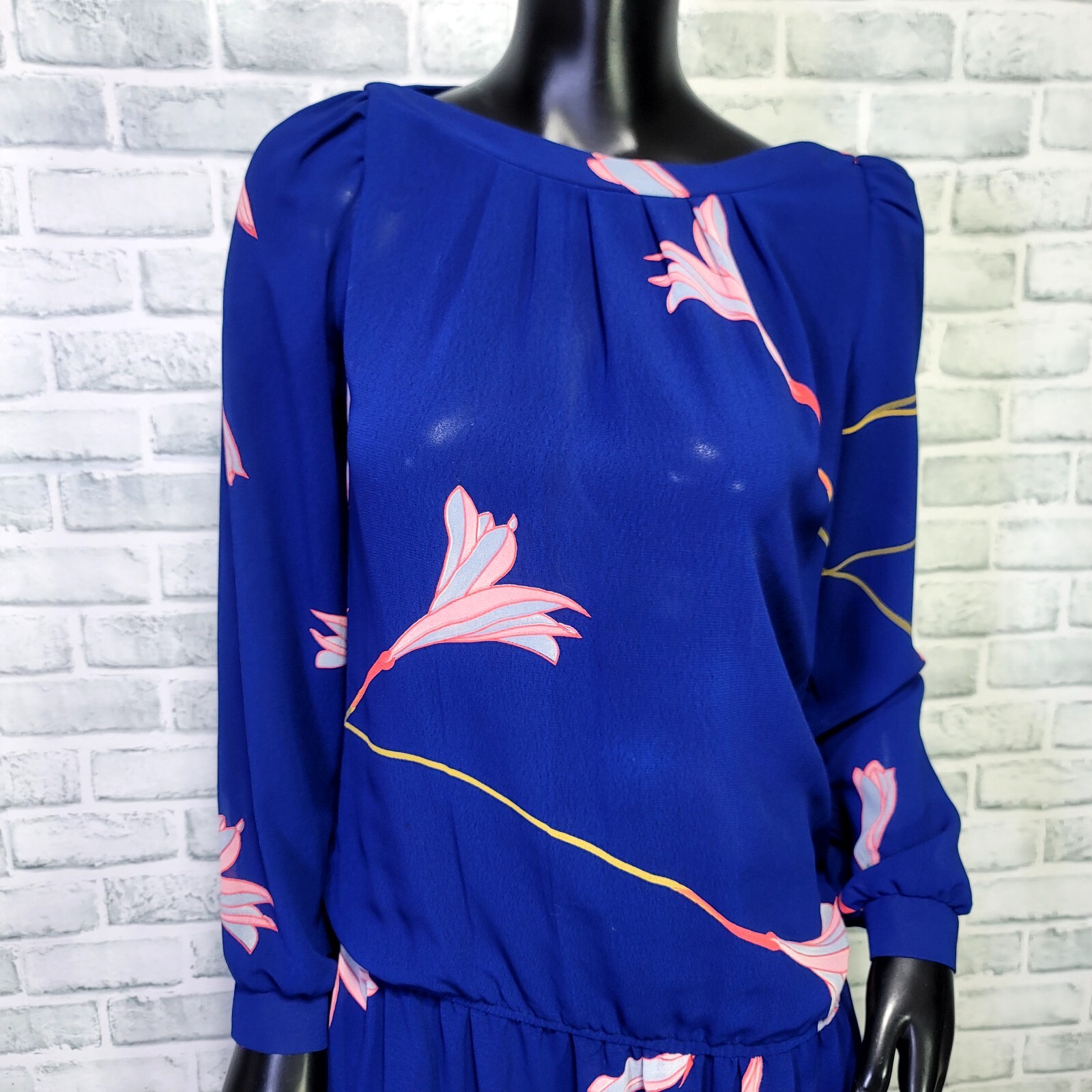 Vintage 70s Malibu Media California Womens M Blue Sheer Floral Drop Waist Dress
