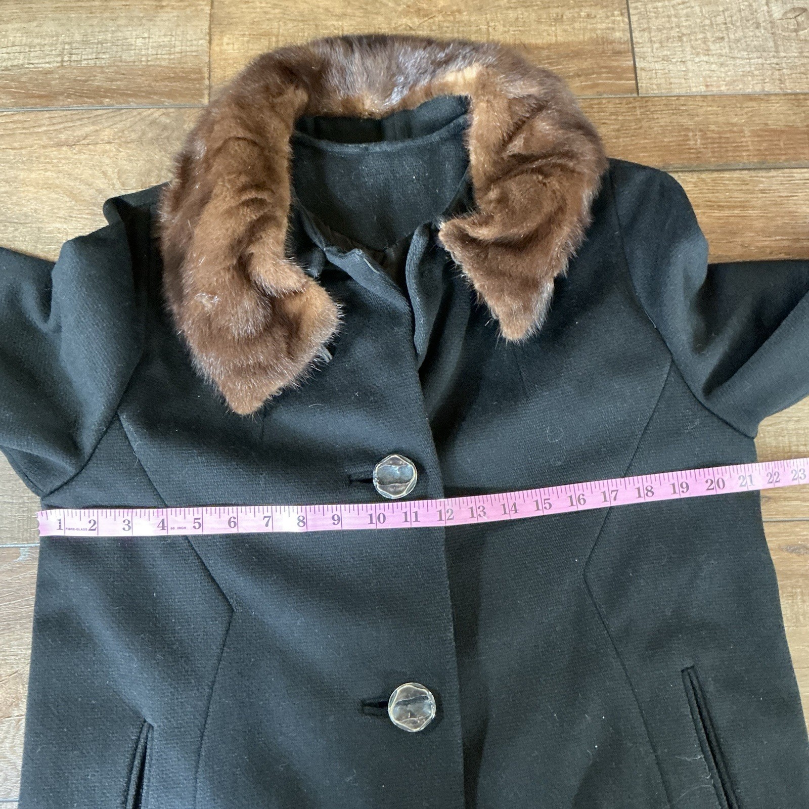 60s VTG Betty Rose Wool Coat Womens Sz L Black Fur Collar USA Made Mod Go #81118