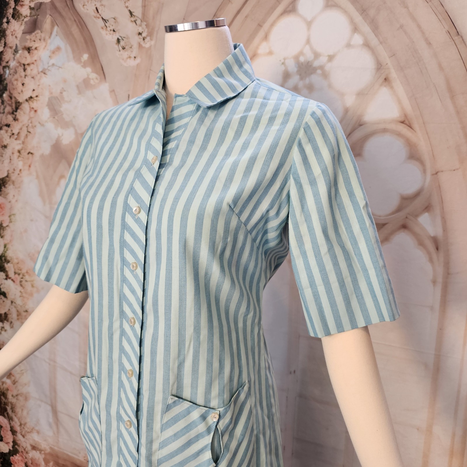 Vintage 1960’s Dress Shift Mod Blue Stripe Pockets Collar Short Sleeves Westbury