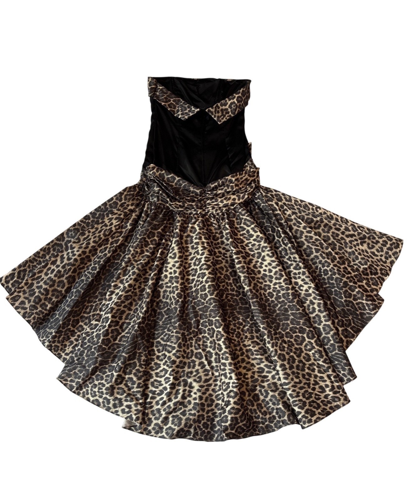 Vintage 80s San Martin Evening Gown: Strapless Black Satin Leopard Taffeta Dress
