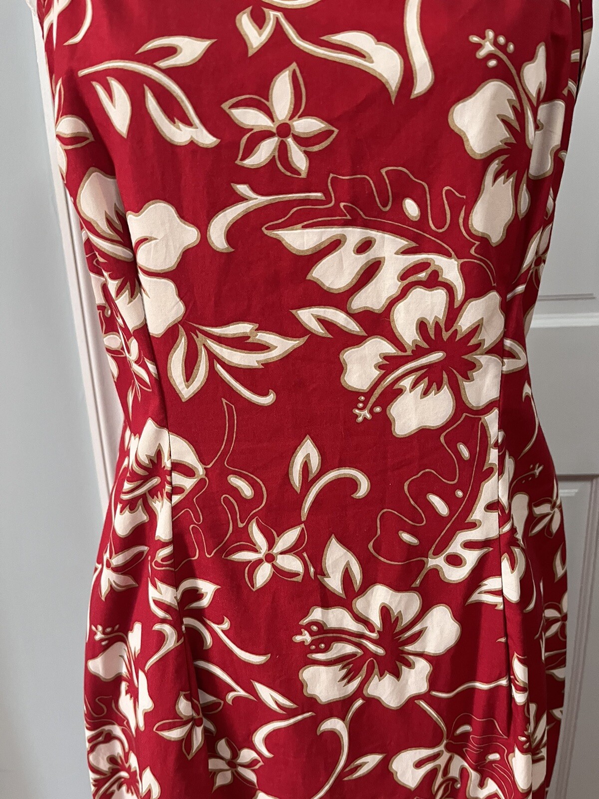 VTG Hilo Hattie Hawaii Long Sleeveless Dress Red White Floral 30” Waist 36” Hips