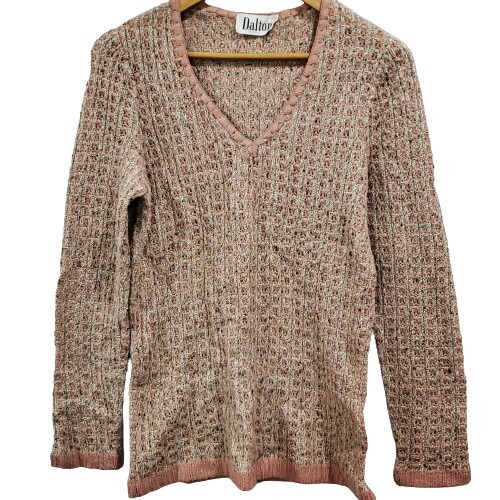 Vintage 70’s Dalton Pink White V-Neck Pullover Knit Sweater Size Small