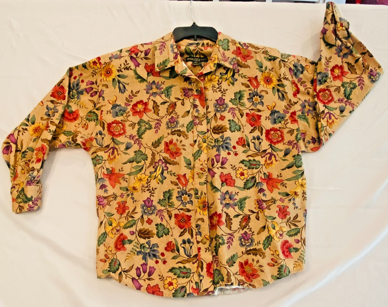 Vtg Bushwacker USA Shirt Large Floral Button Up Cotton Canvas Cottagecore Flower