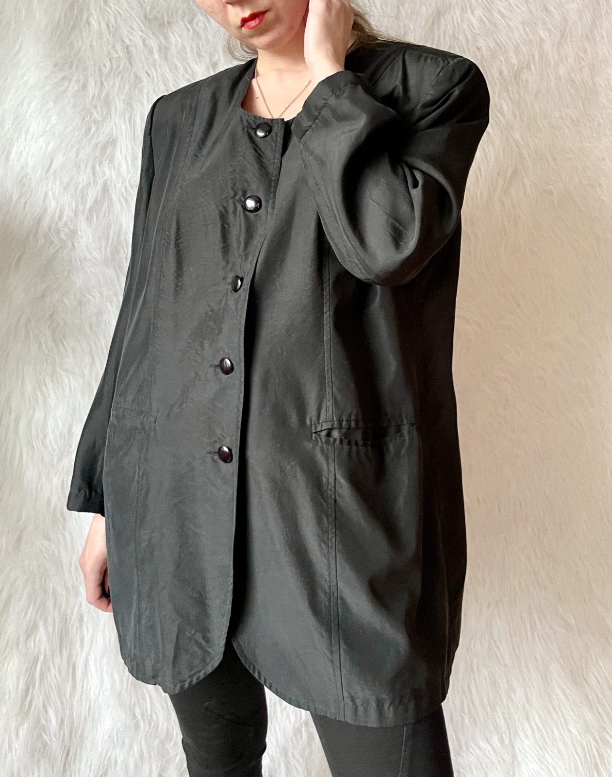 Vtg 80s Jacket 100% Silk Black Jacket Bold Shoulders European Fashion Minimalism