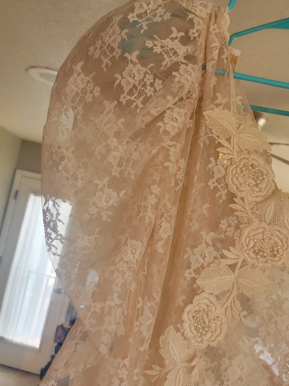 VINTAGE 1970S LORRIE KABALA SHEER NUDE LACE WEDDING DRESS Size XS BEAUTIFUL
