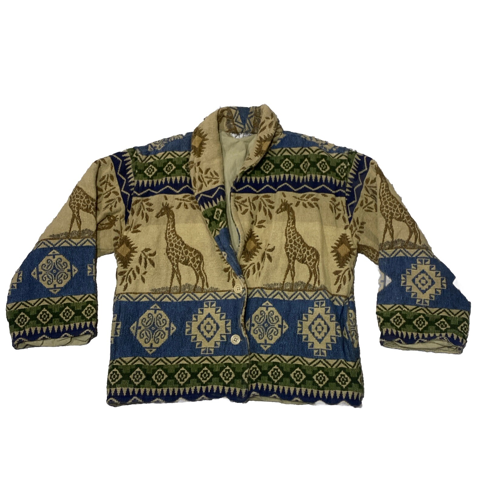 VTG Silver Stream 80s Jacket Art To Wear Quilted & Embroidered Giraffe Aztec