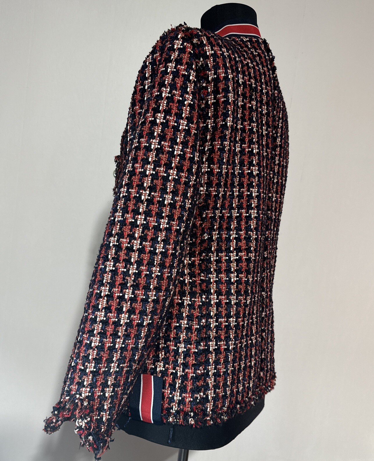 ZARA WOMAN TWEED JACKET BLAZER WITH STRIPED DETAIL Sz Medium M Red Blue White