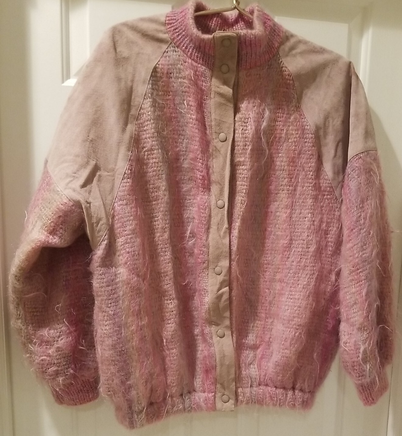 JINX SENIOR Hand Woven Wool Bomber Jacket ~ Suede Trim ~ Pink & Lavender ~ Small