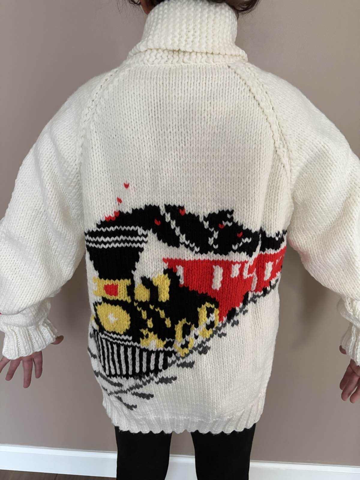 Hand crafted train theme Knit Wool Sweater Curling Stone Zip Cardigan, Size L
