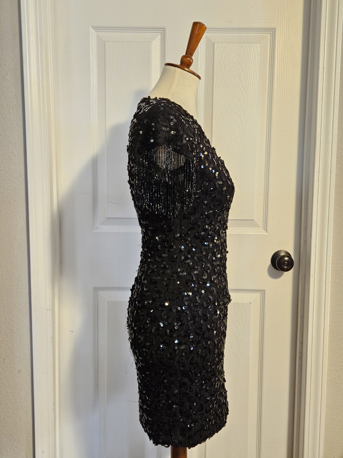 De Laru Vintage 80s Black Sequin Bead Fringe Party Prom Cocktail Dress Size 3/4