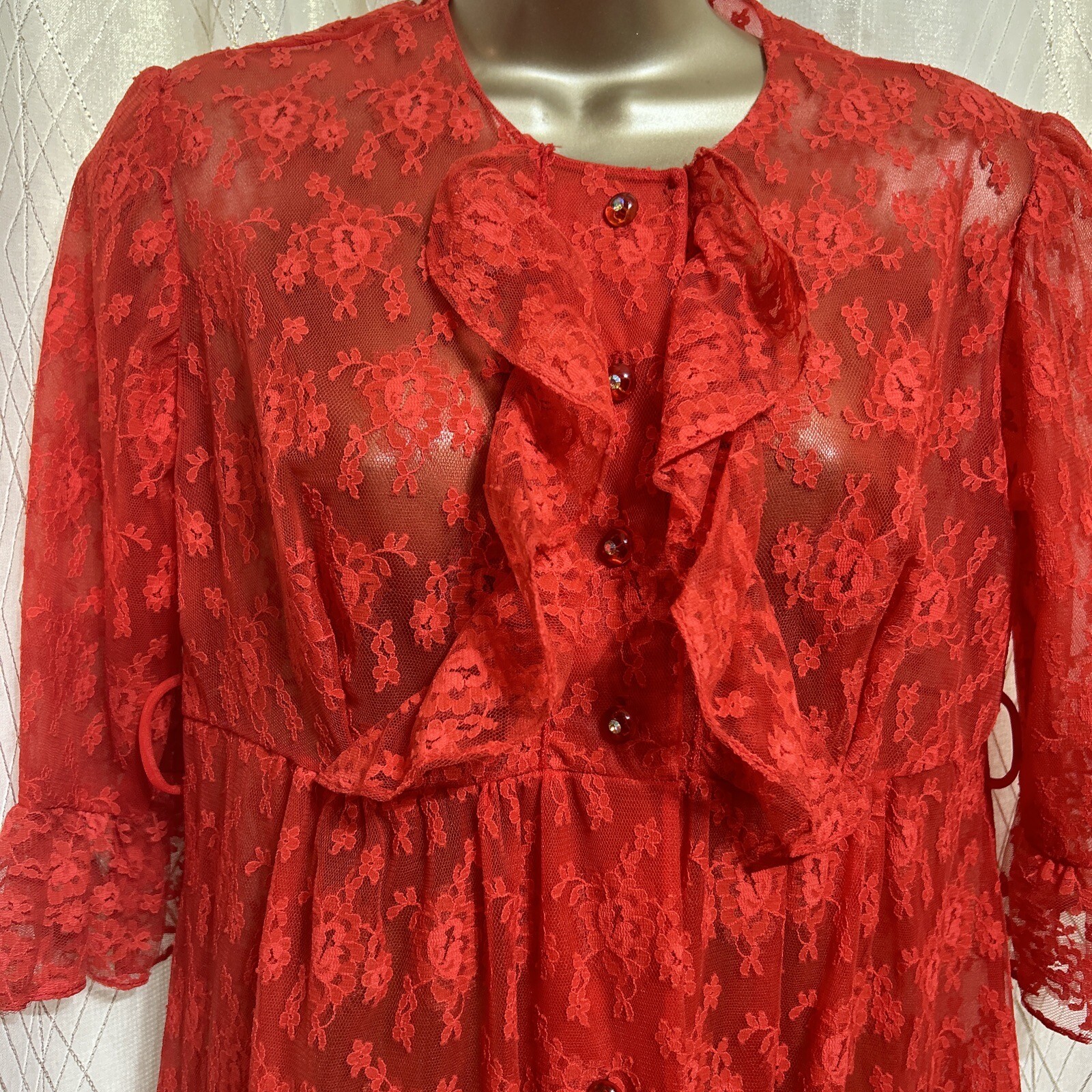 VTG 36 S M Peignoir Sunset Red NIGHTGOWN Lace Nylon LINGERIE Negligee Chiffon