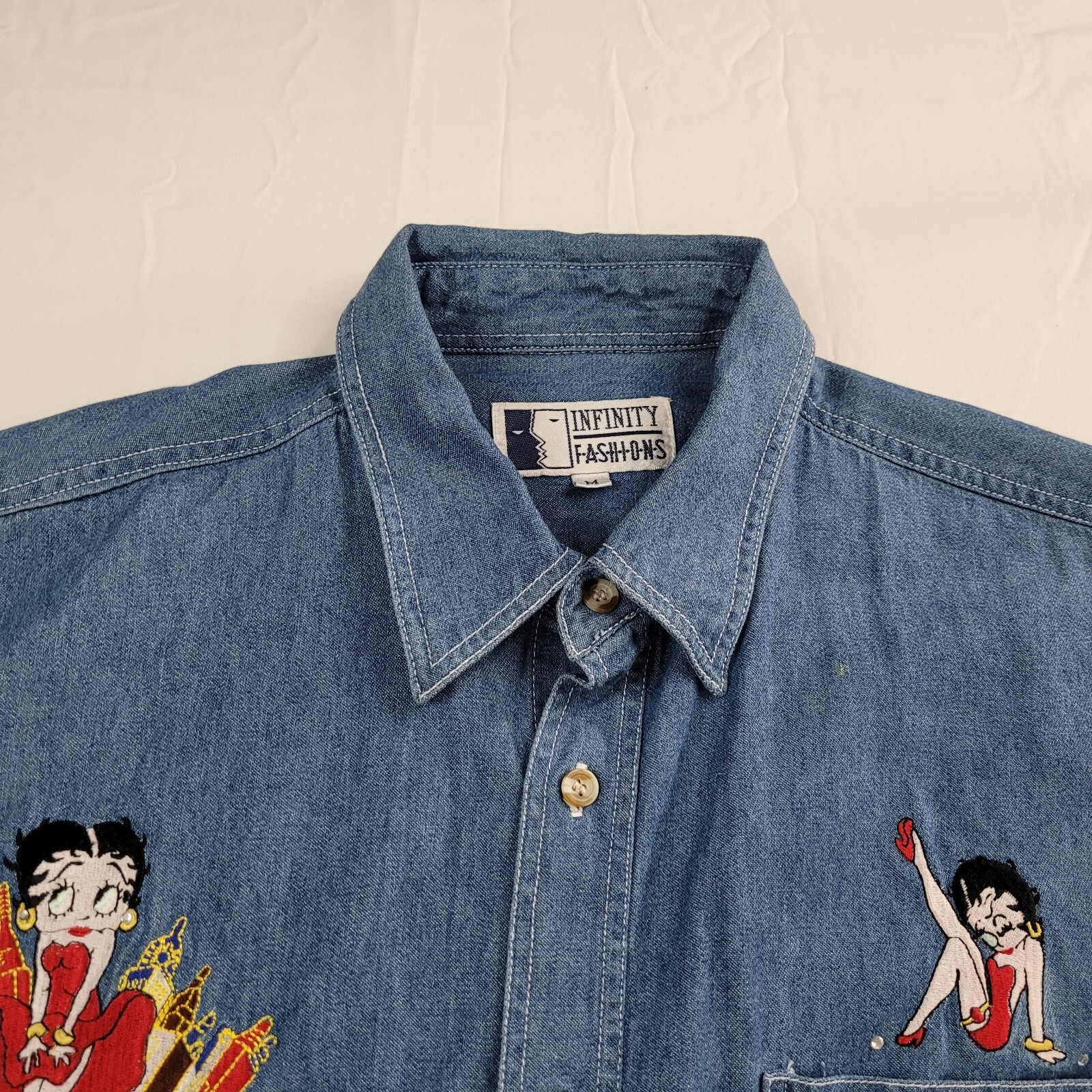 Vintage 90s Infinity Fashions Women Shirt Medium Denim Betty Boop Embroidered M