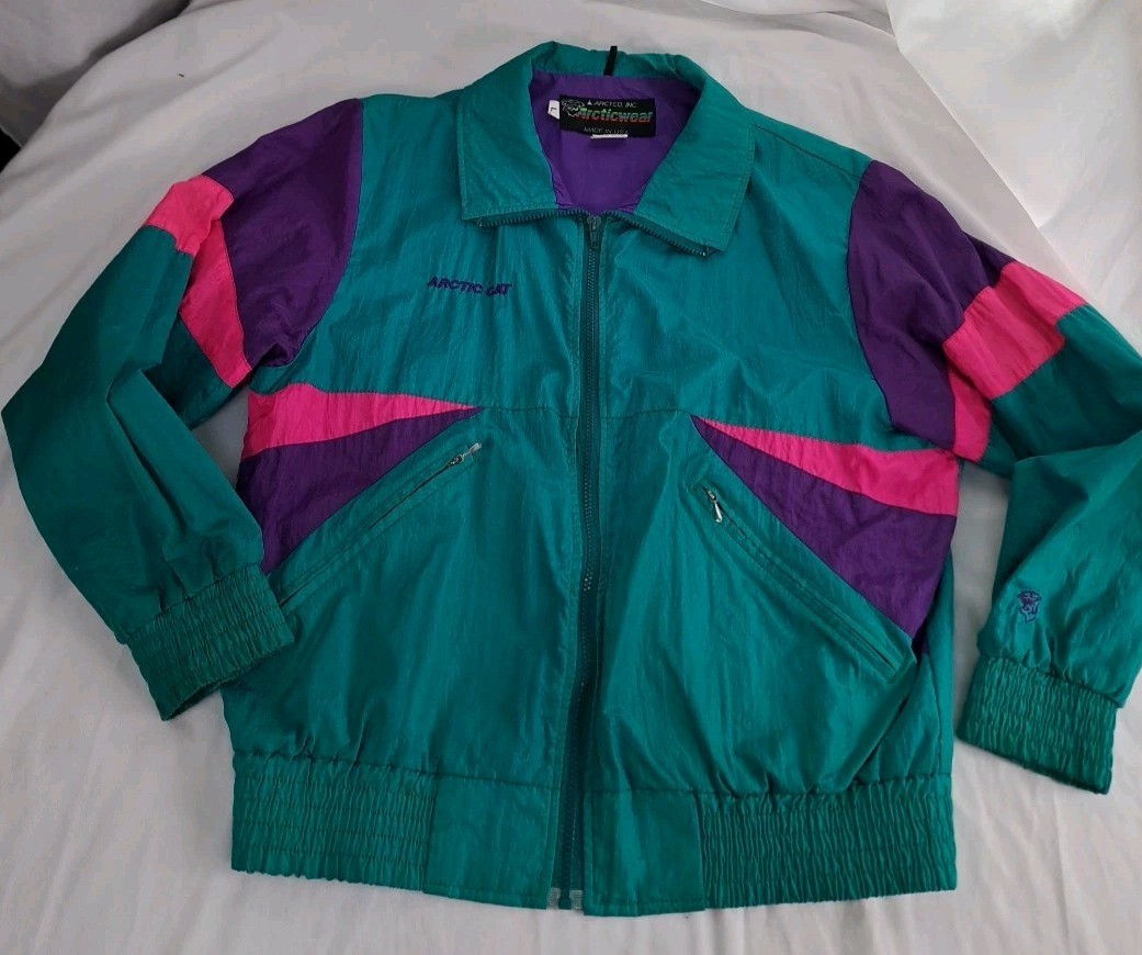 Vtg 80s 90s Womens Arcticwear Cat Teal Geometric Large Colorful Colorblock Pink