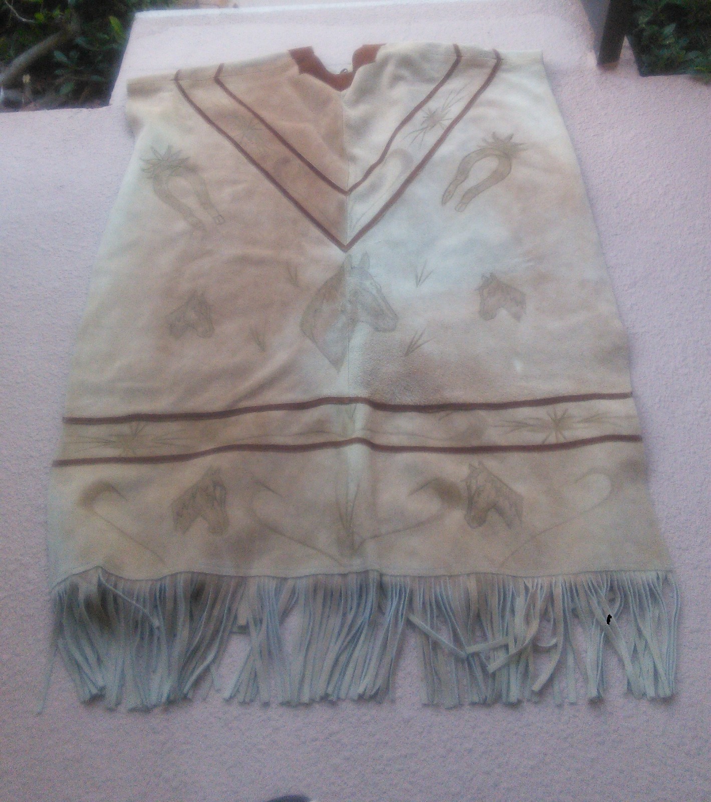 Vintage Men’s Mexican Handmade Suede Leather Poncho Western Fringe Hand Drawn OS