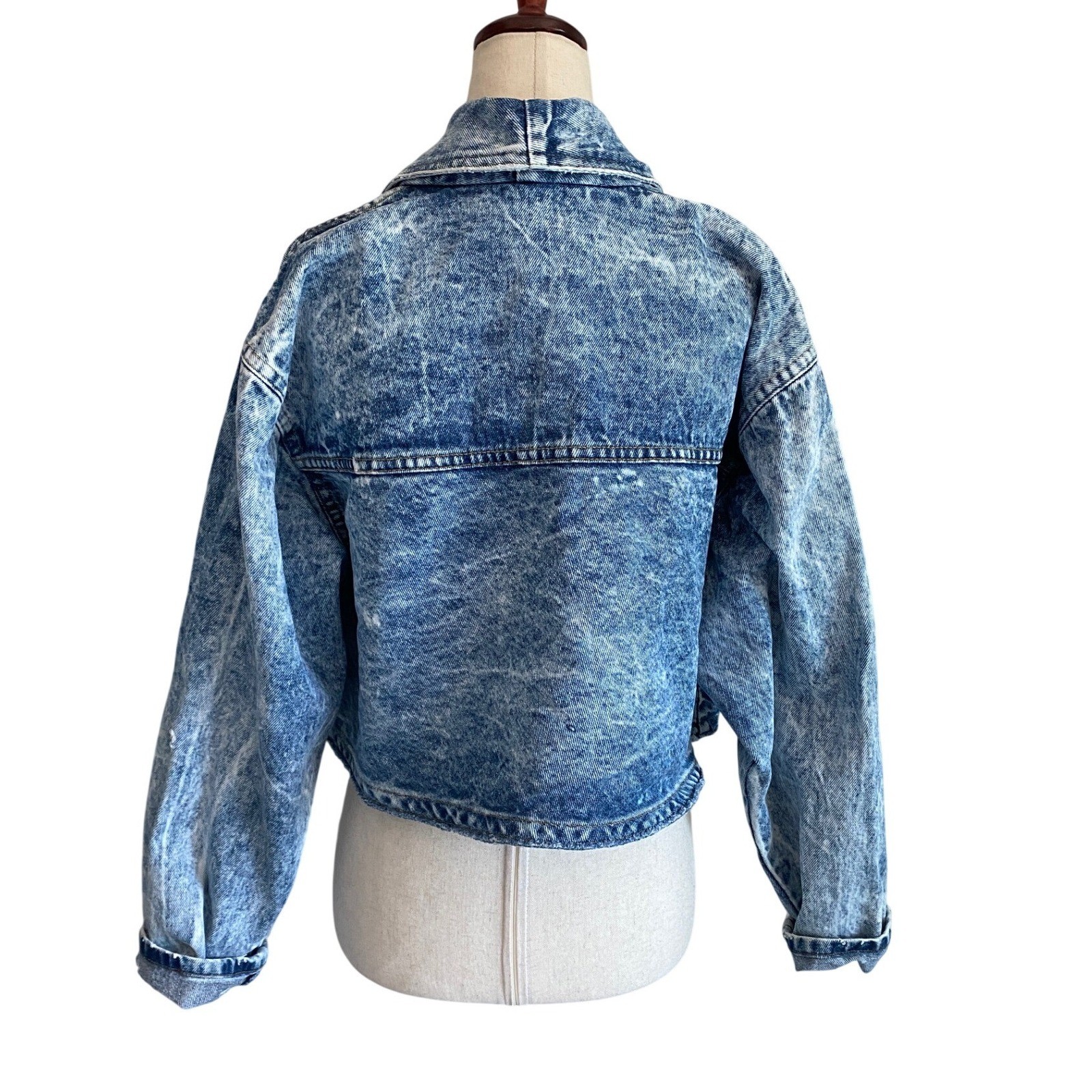 Vintage De Connection Acid Wash Cropped Denim Jacket Blue Womens Medium Made USA