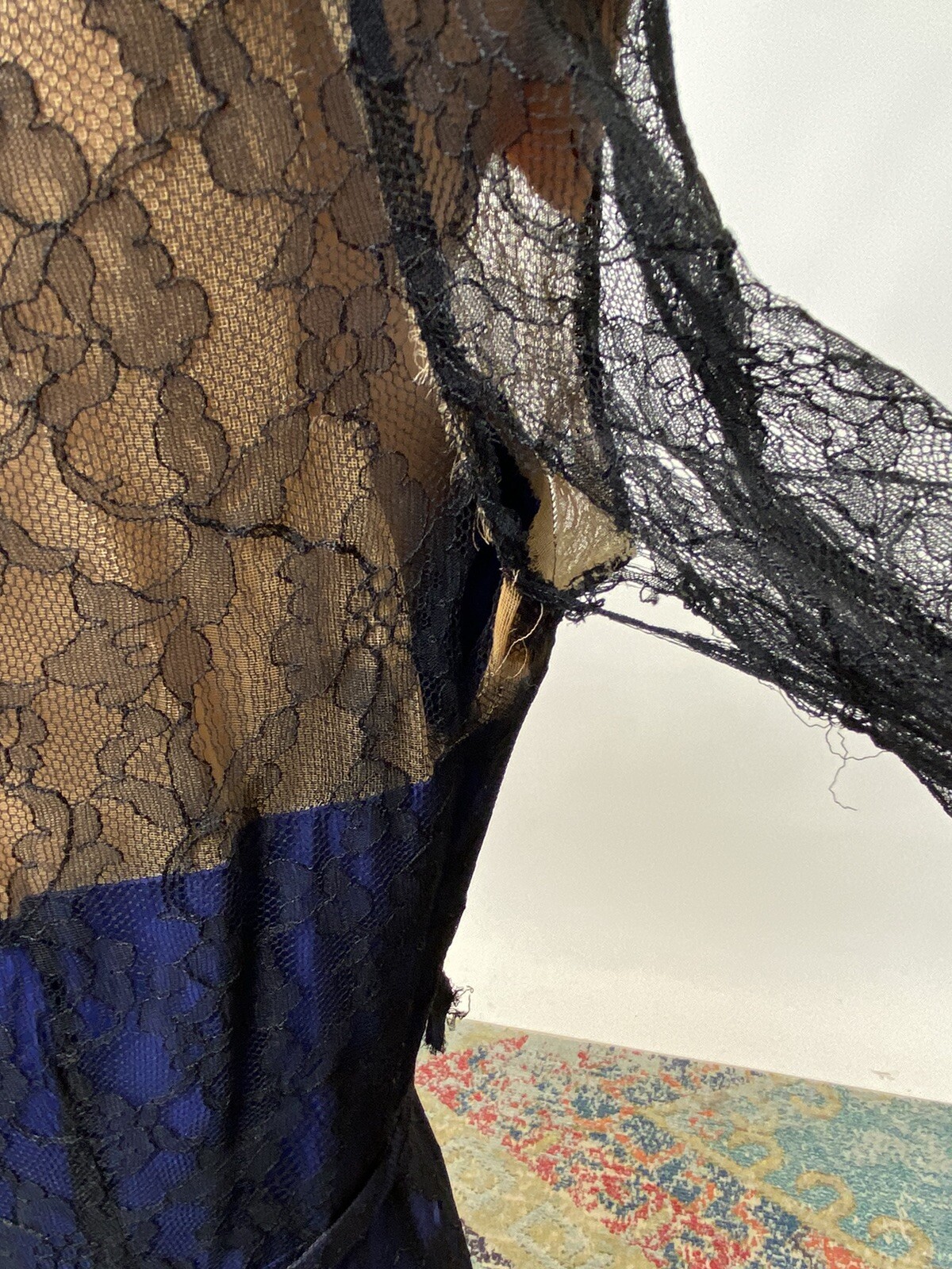 Antique Vintage 1940s Black & Blue Silk Chiffon Lace Bias Cut Full Length Gown