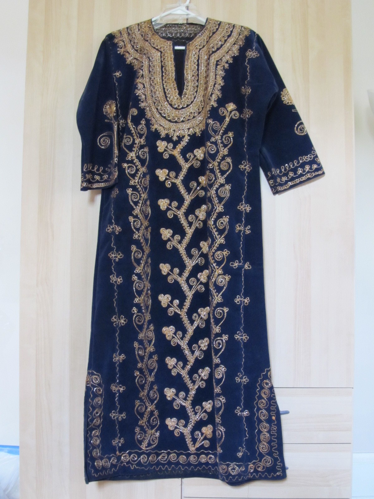 Fine Traditional Vintage Blue Velvet Gold-Silver Embroidered Folk Caftan Dress