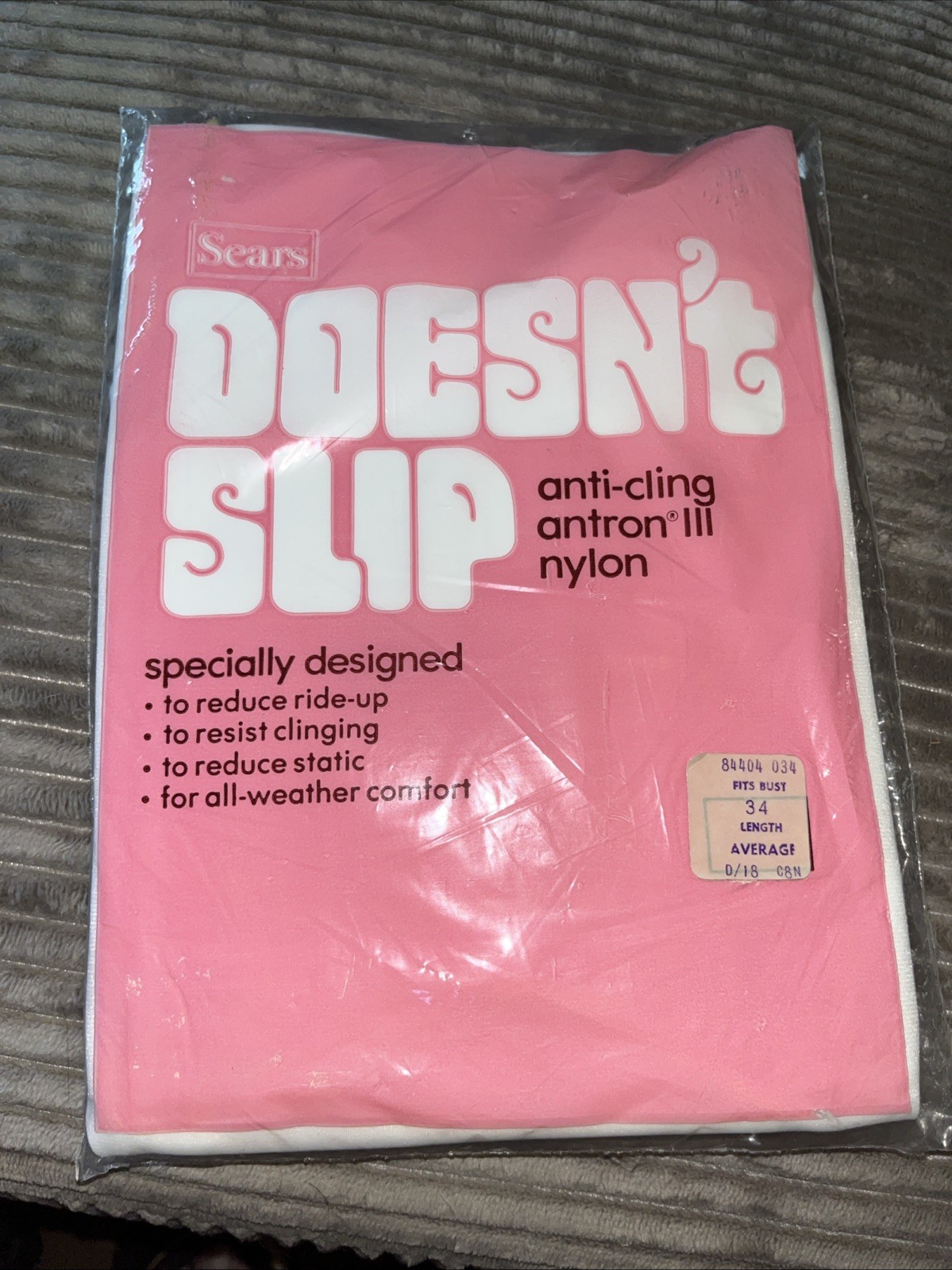 Vtg Sears Full slip Nylon Slip Size 34 New In Package Doesn’t Slip Or Cling