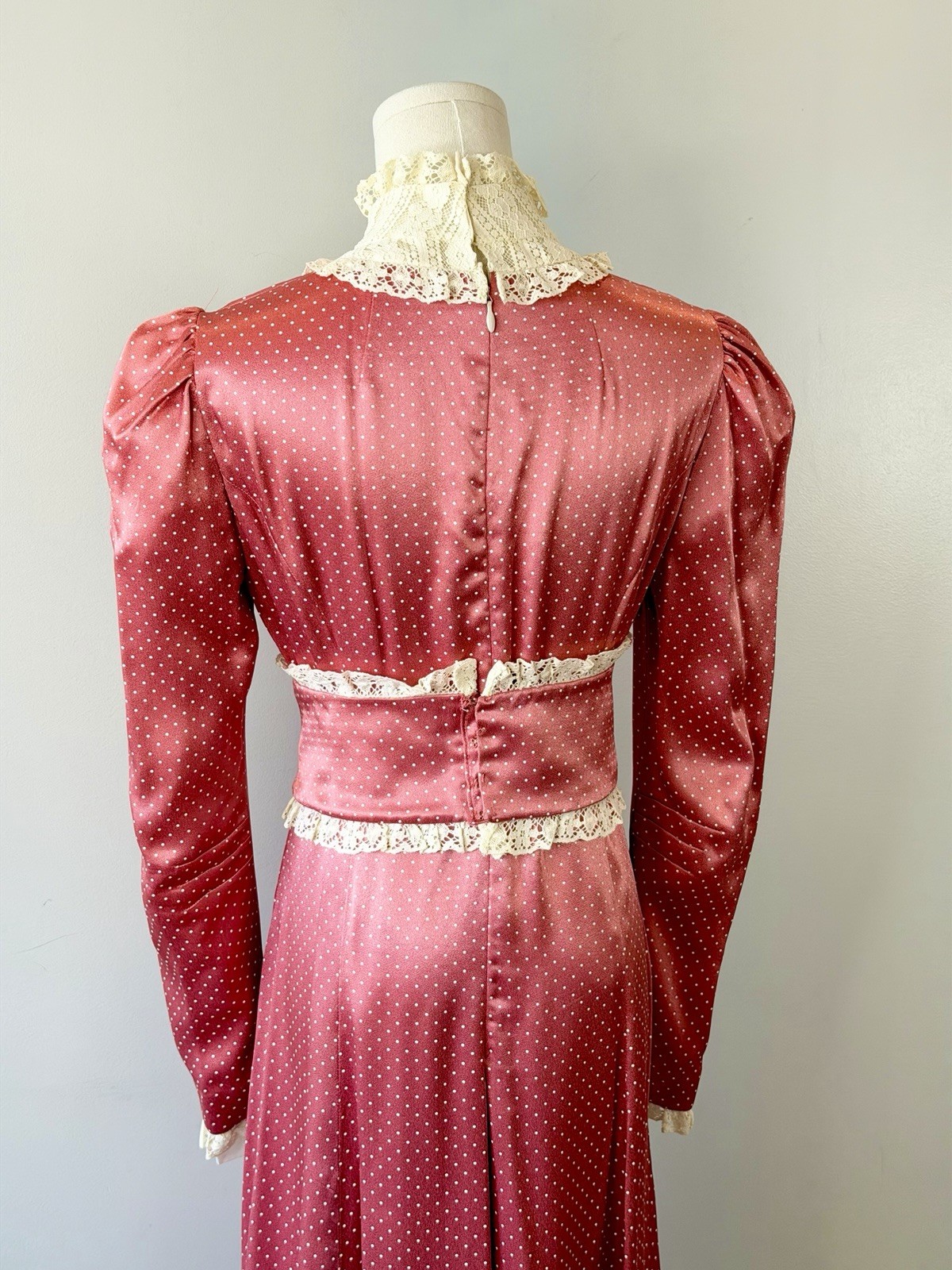 Vintage 1970s Prairie Dress Pink Dot Cottagecore 70s Elegant Edwardian Medium