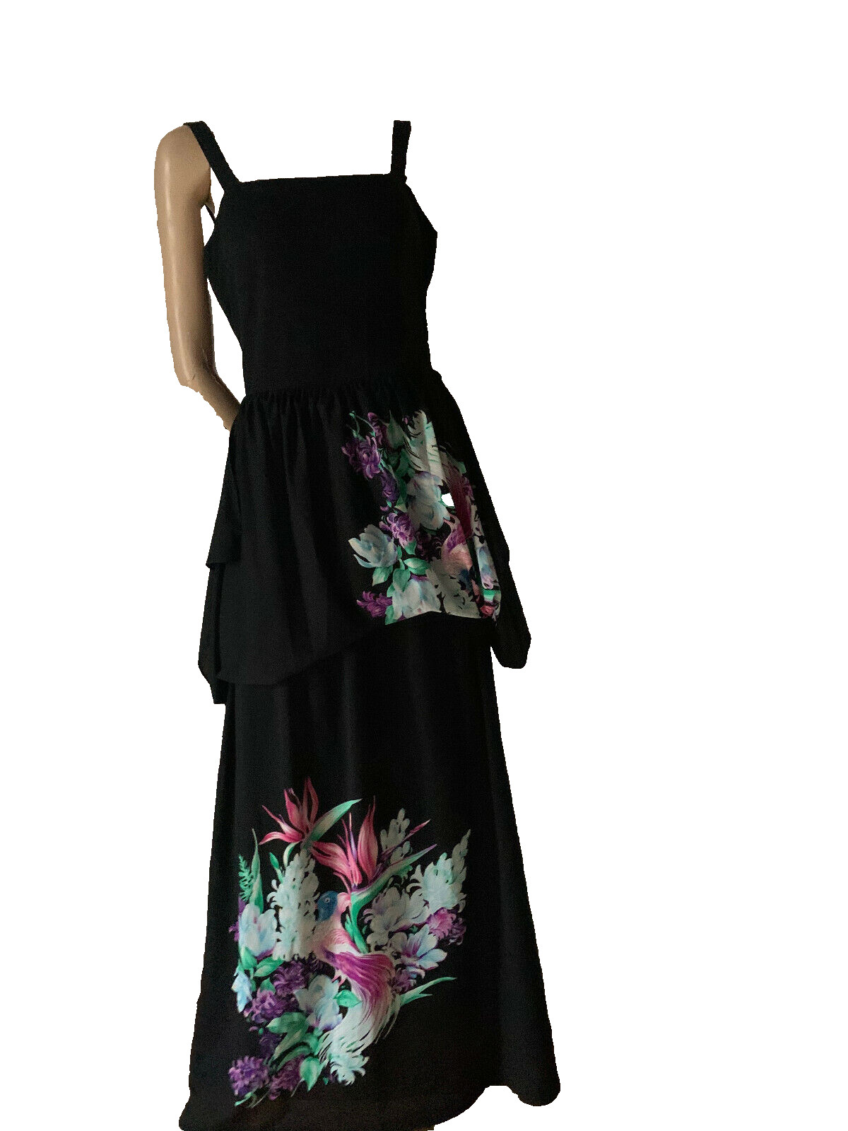 70s Vintage Black Maxi Dress Floral Bird Print Layered Jersey Boho 36 38