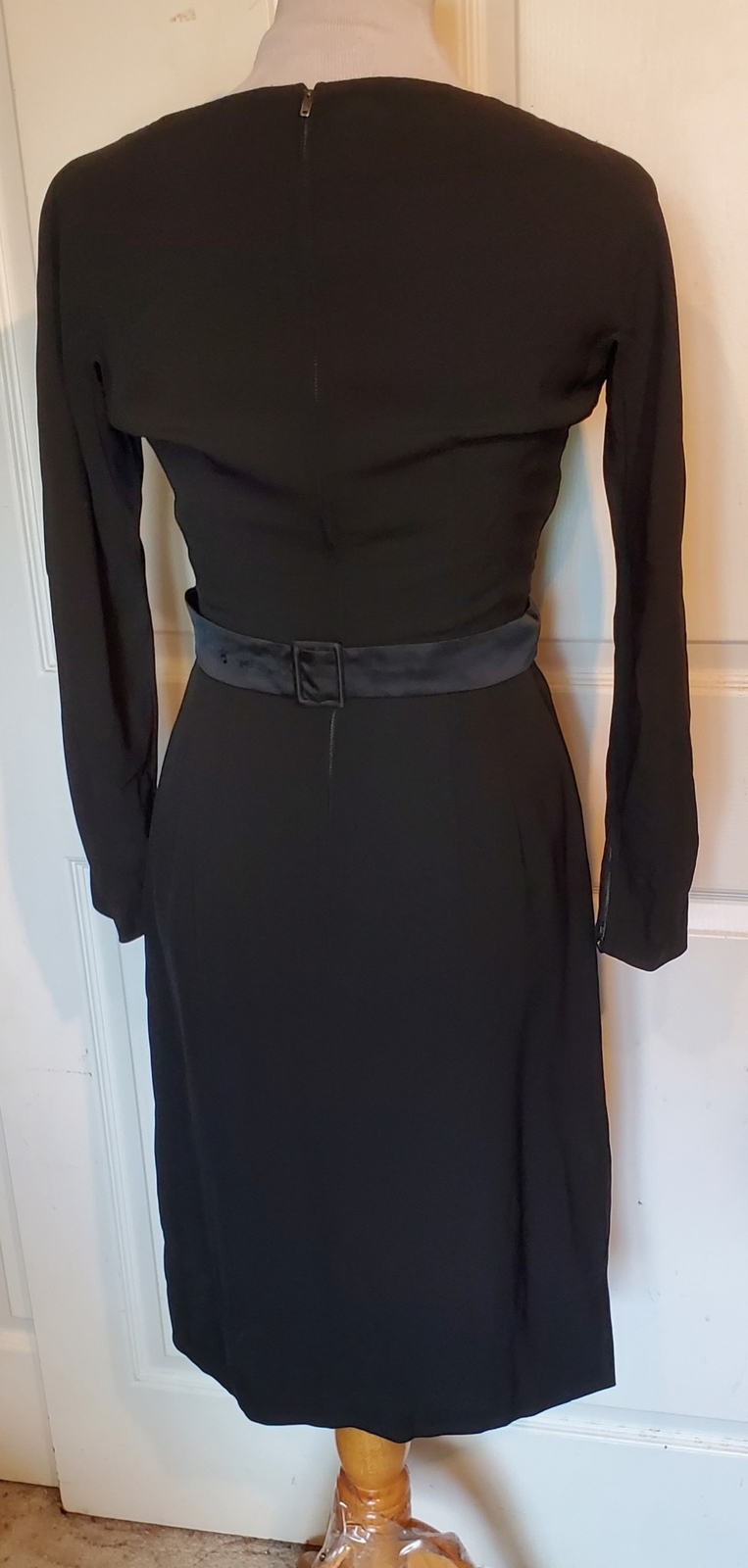 Vintage 50s 60s Black Rayon Illusion Dress Bramson Ribbon Trim B36