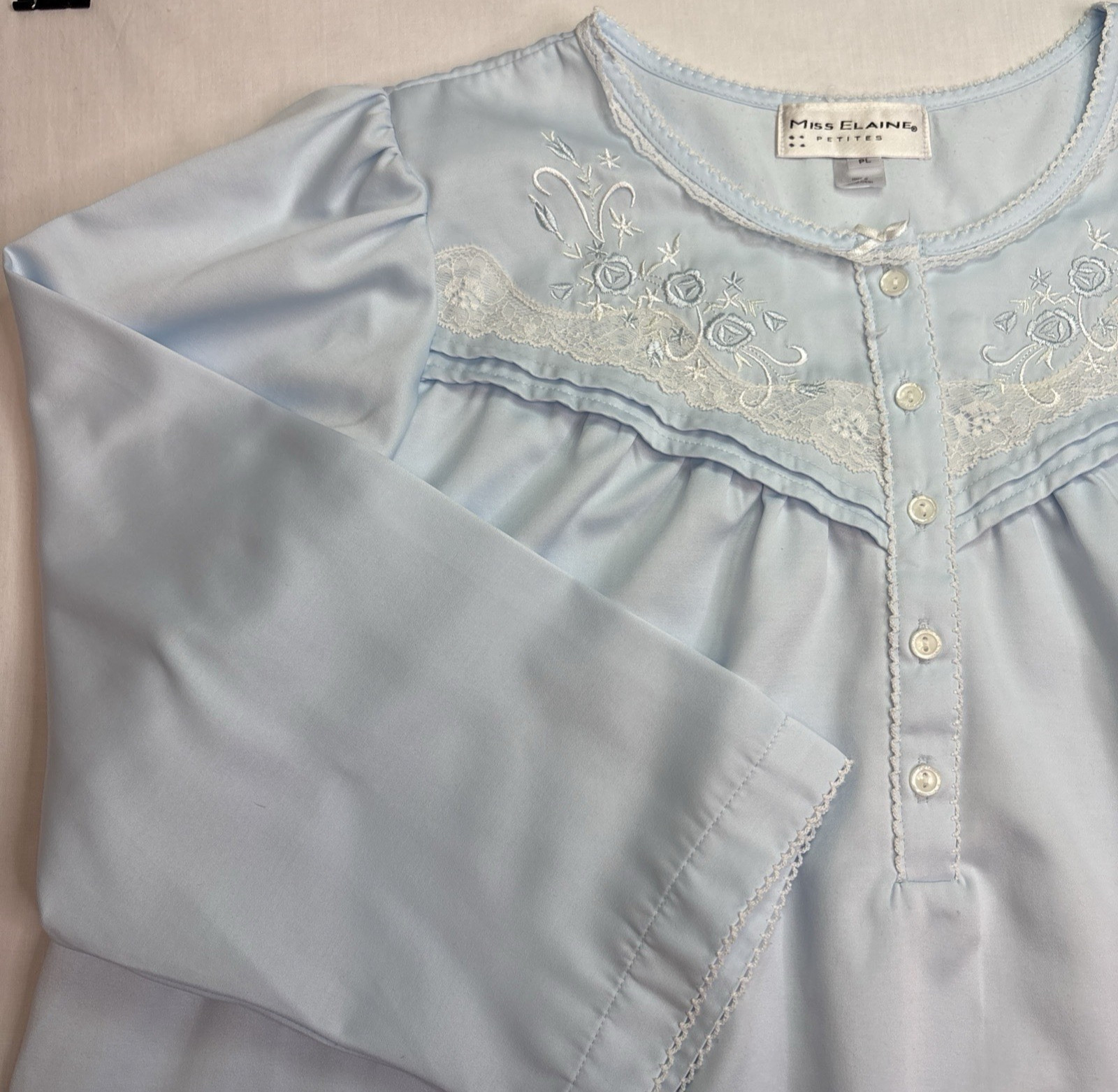 Miss Elaine Petites PL Nightgown Blue Long Sleeve Lace Embroidered Floral