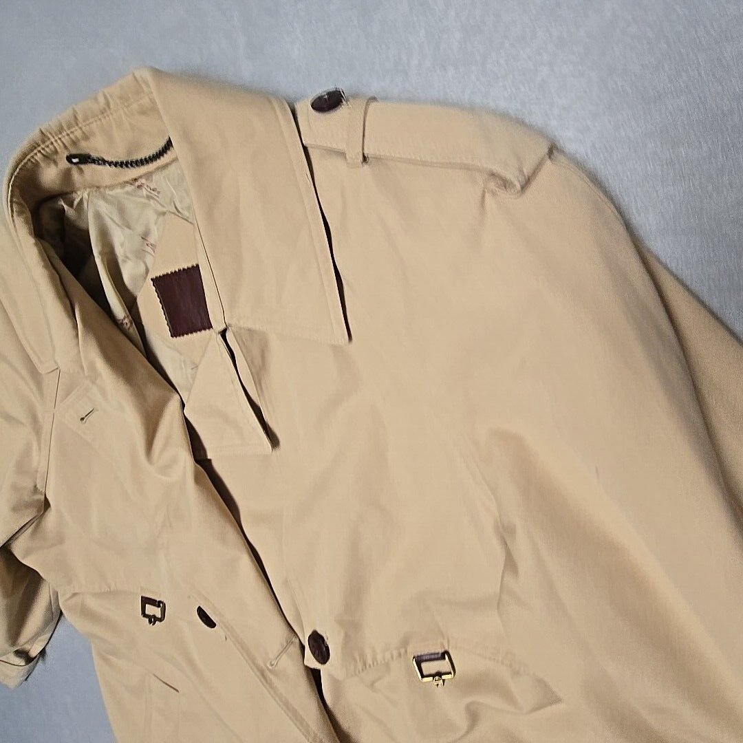 VTG Etienne Aigner Long Khaki Trench Coat 12 Leather Accent Neutral