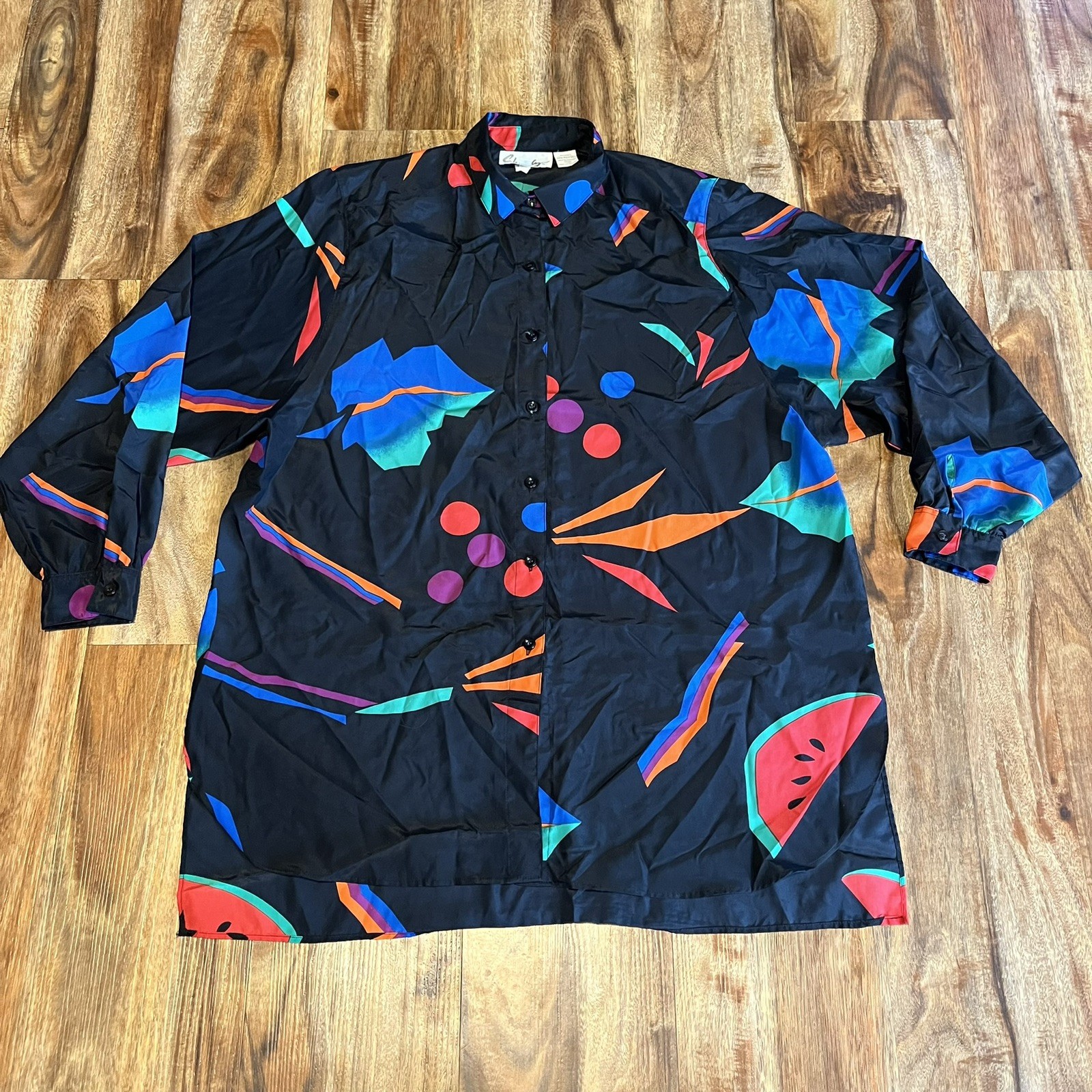 🔥VTG Shapely Button Front Long Sleeve Shirt Black Multicolor Abstract SZ L 🔥