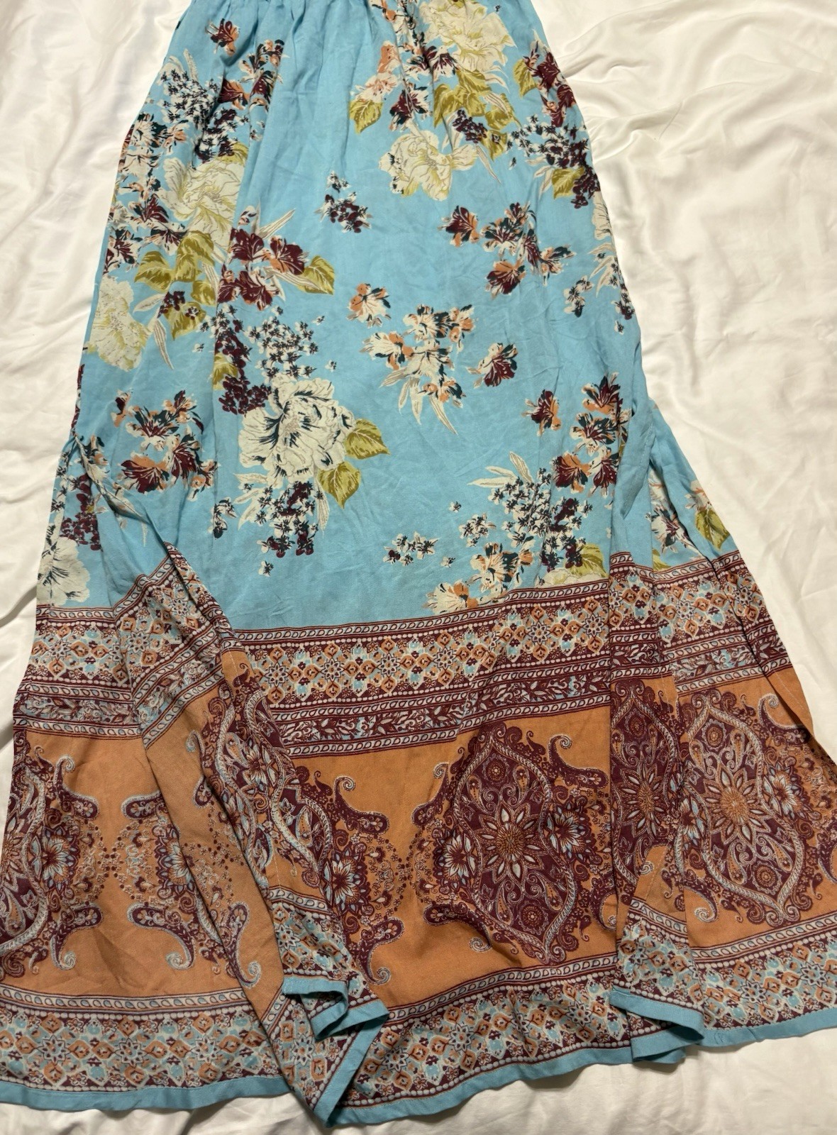 1999 VTG Y2K Angie Boho Floral Smocked Maxi Dress Sky Blue Orange Medium NWOT