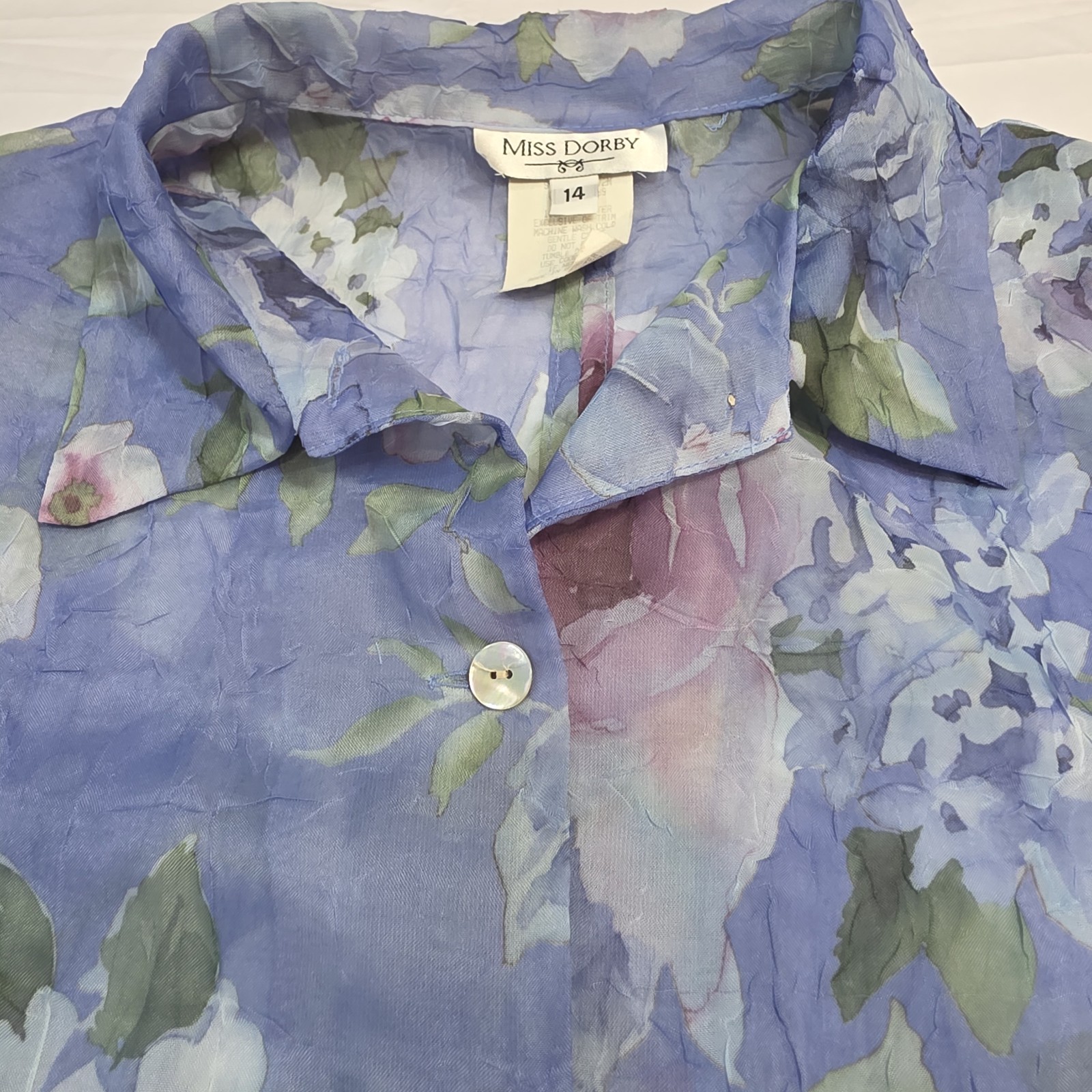 Miss Dorby Vtg Size 14 Floral Crinkle Button Up Fly Away Blouse Periwinkle Fairy