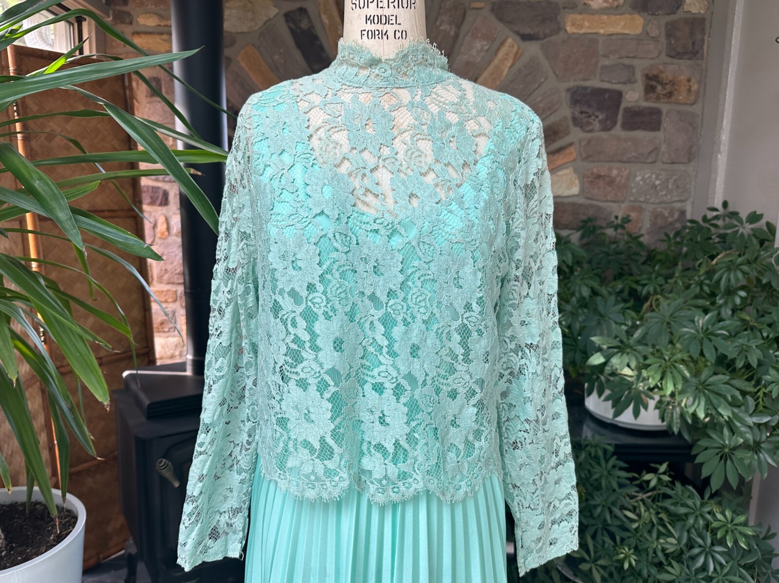 Vintage 1970s Goddess Mint Green Pleated Knit Evening Dress with Lace Jacket