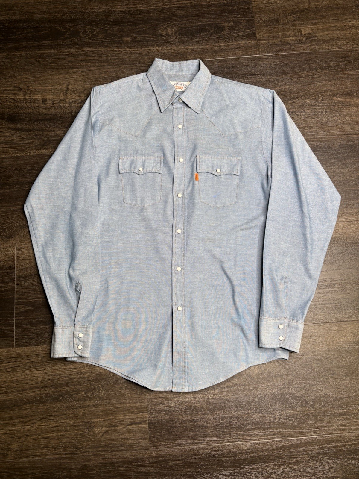 Vtg 70s Levi’s Chambray Orange Tab Stone Snap Western Shirt Sky Blue Size 20