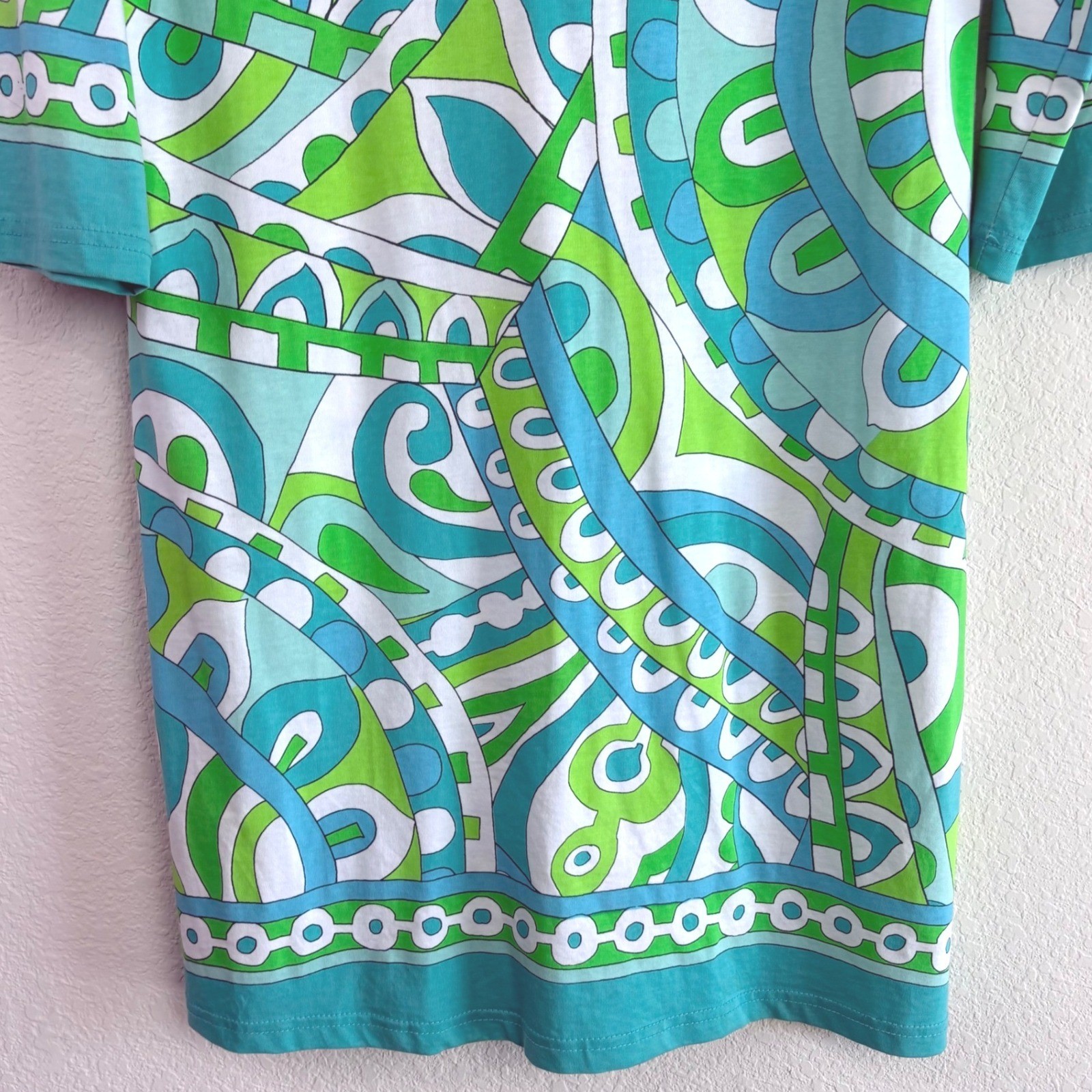 Barbara Gerwit Large Green Blue Geometric Tunic Dress V-Neck 3/4 Sleeve Mod
