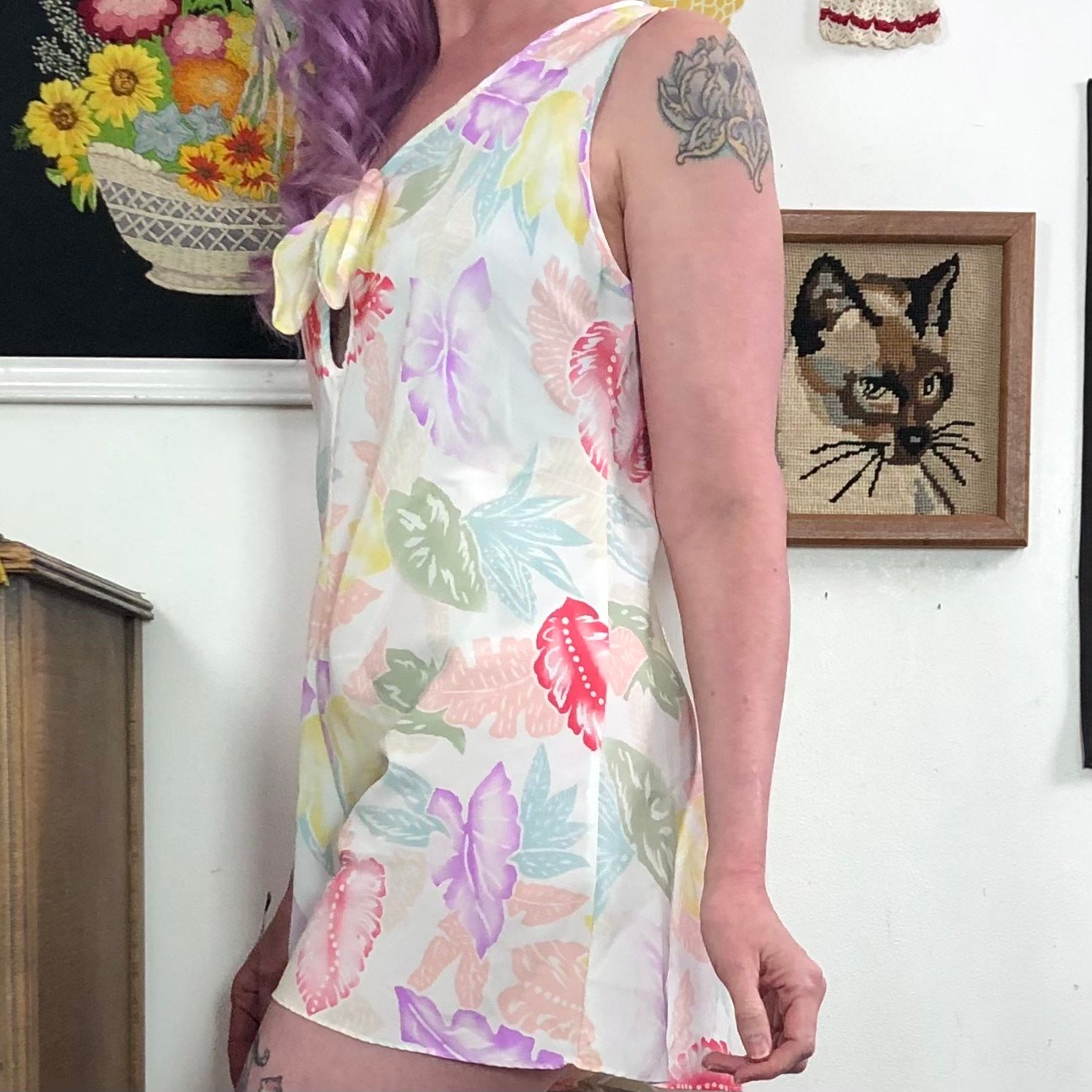Vintage Floral Lingerie Romper, Sz M Pastel Tropical Print Step In Teddy