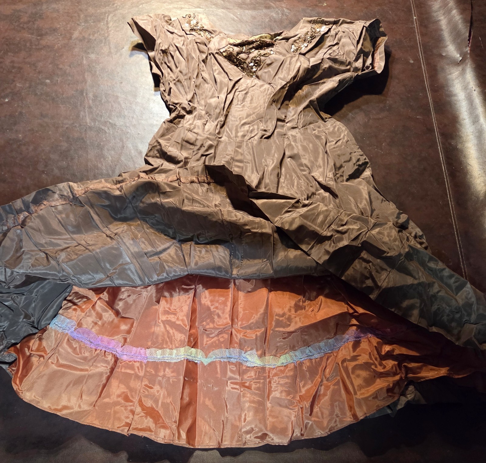 Vintage Mid Century 50s Fit Flare Cocktail Dress Brown Taffeta Sequin Beading