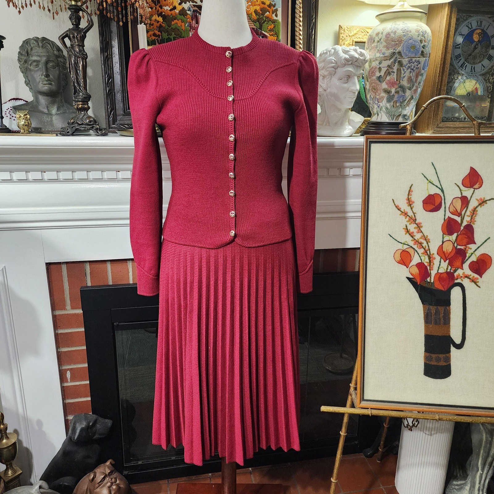 Vintage St John Marie Gray Red 3 Piece Knit Set Top Skirt Belt 60s Medium