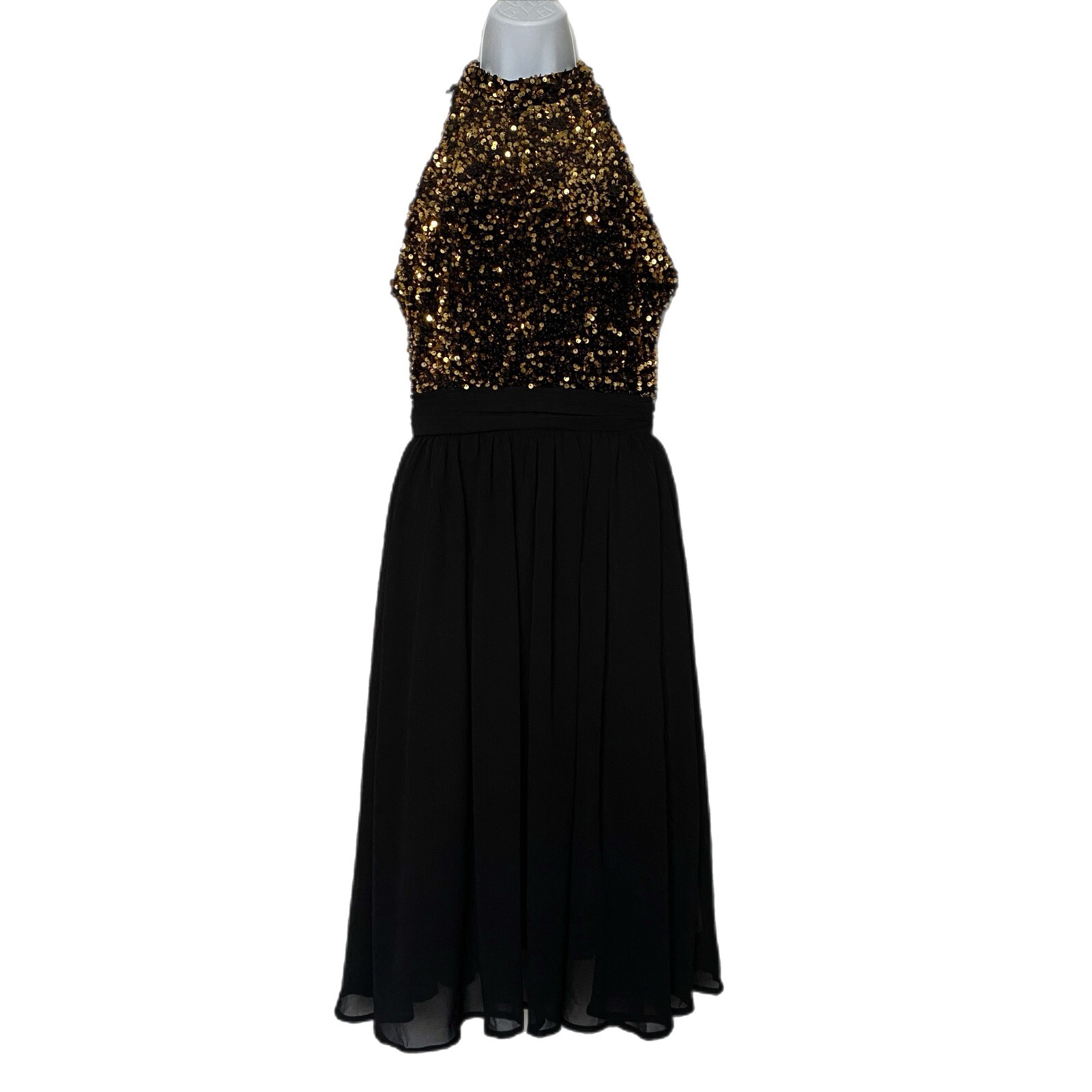 Retro Stage Black Party Dress With Gold Sequin Halter Lined Chiffon Skirt M NEW